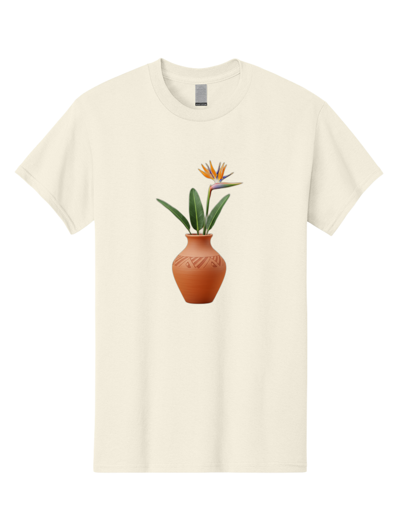Bird-Of-Paradise Men'S Graphic Tee, 100% Cotton, Comfortable Casual Summer Wear, Machine Washable, Bird Of Paradise Flower, Orange And Green Hues, Clay Pot, Floral Arrangement, Decorative Vase, Tropical Blooms, Exotic Flower, Botanical Art Baa161