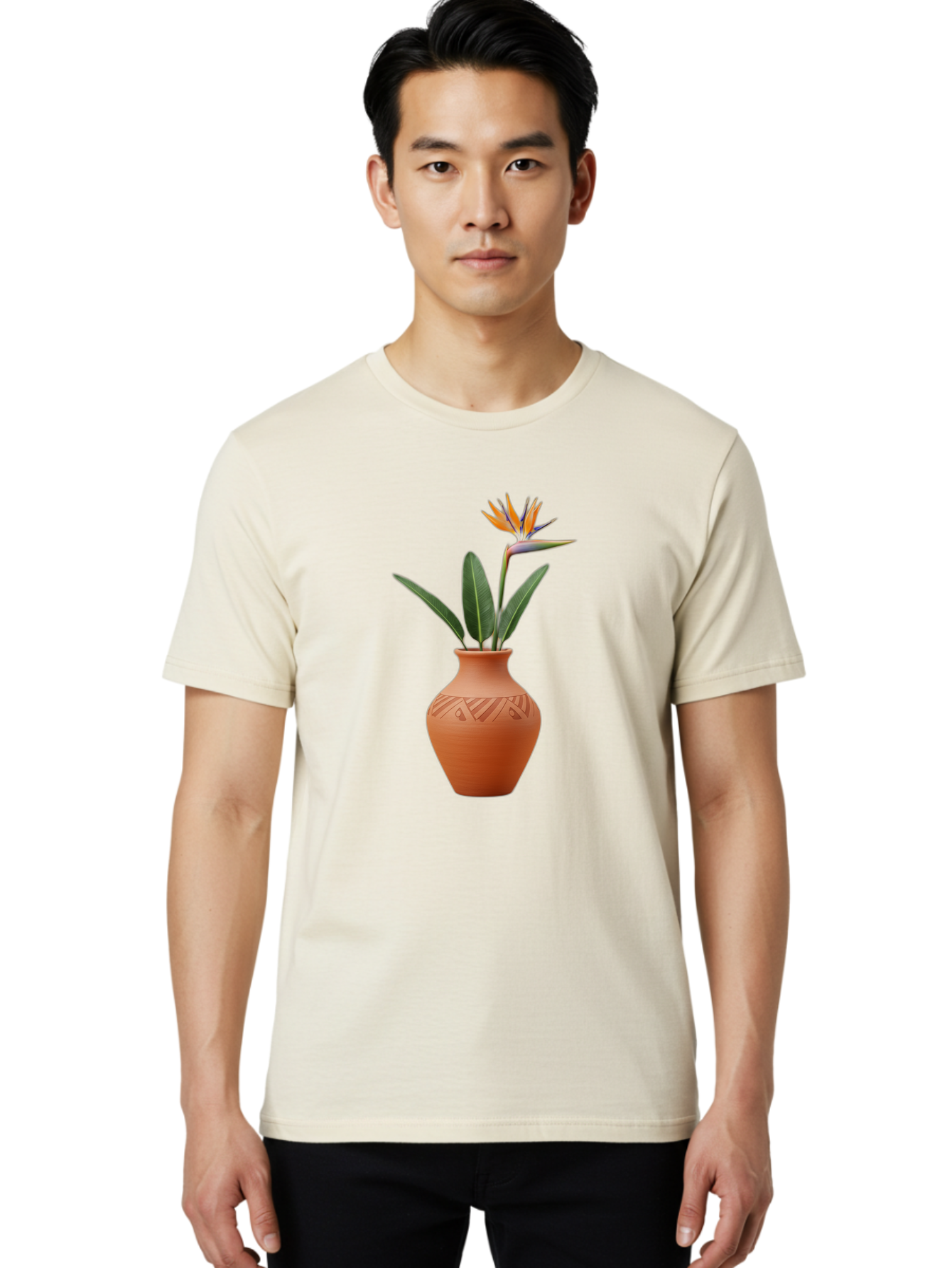 Bird-Of-Paradise Men'S Graphic Tee, 100% Cotton, Comfortable Casual Summer Wear, Machine Washable, Bird Of Paradise Flower, Orange And Green Hues, Clay Pot, Floral Arrangement, Decorative Vase, Tropical Blooms, Exotic Flower, Botanical Art Baa161
