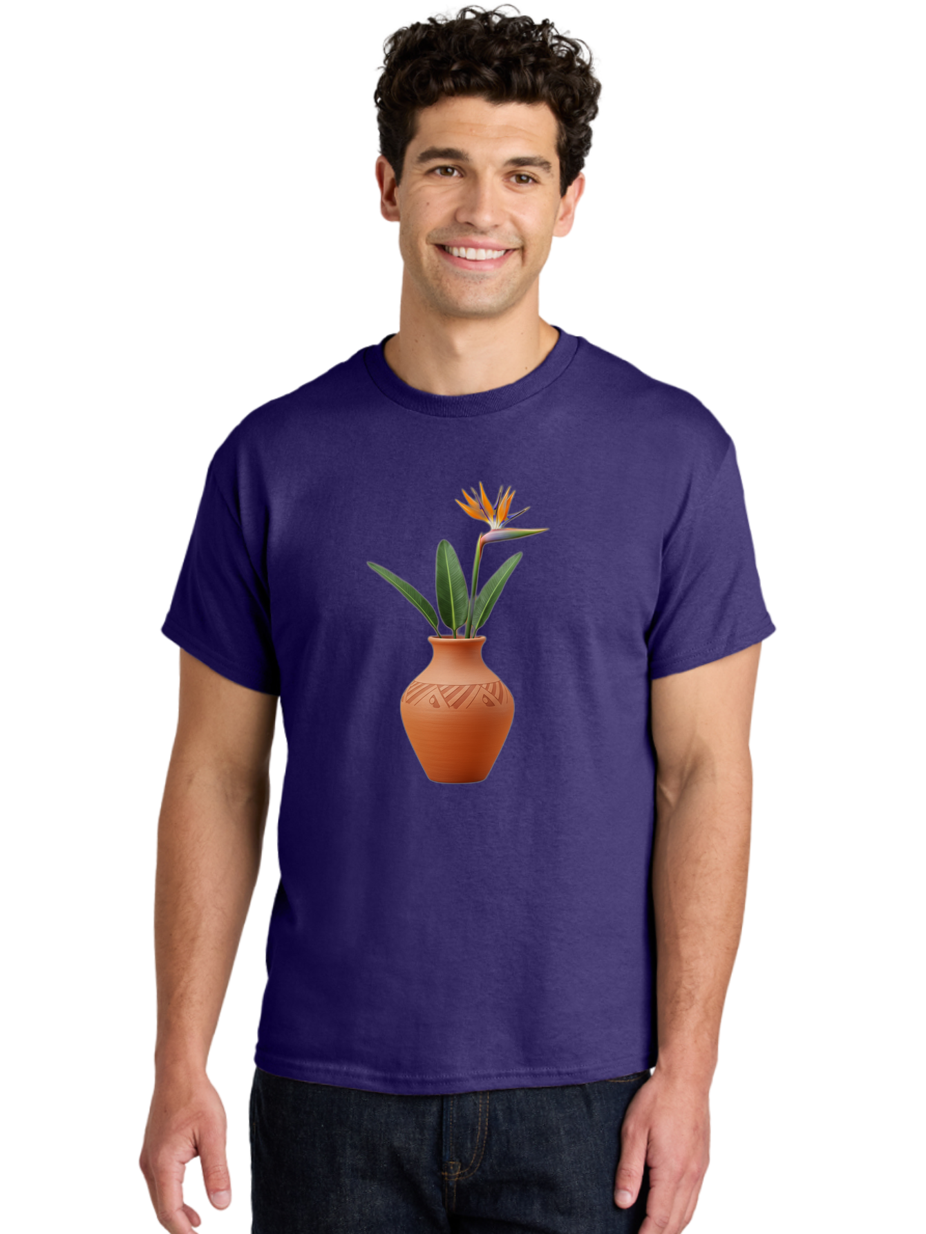 Bird-Of-Paradise Men'S Graphic Tee, 100% Cotton, Comfortable Casual Summer Wear, Machine Washable, Bird Of Paradise Flower, Orange And Green Hues, Clay Pot, Floral Arrangement, Decorative Vase, Tropical Blooms, Exotic Flower, Botanical Art Baa161