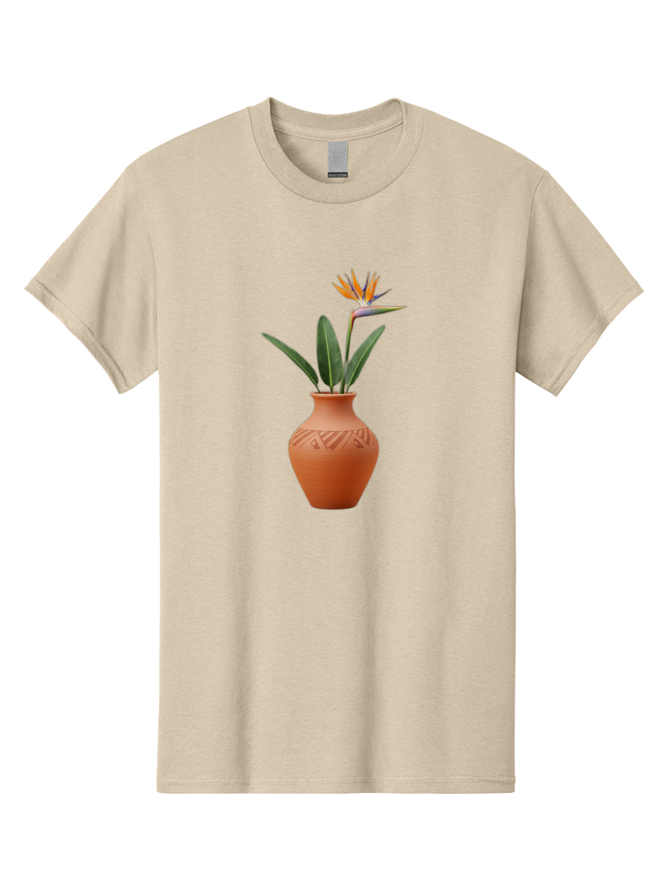 Bird-Of-Paradise Men'S Graphic Tee, 100% Cotton, Comfortable Casual Summer Wear, Machine Washable, Bird Of Paradise Flower, Orange And Green Hues, Clay Pot, Floral Arrangement, Decorative Vase, Tropical Blooms, Exotic Flower, Botanical Art Baa161