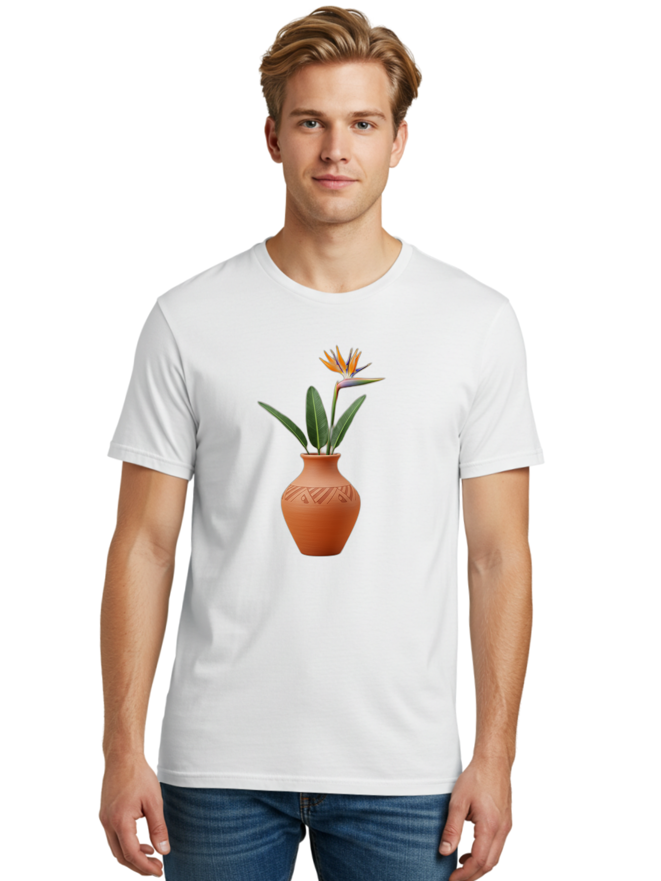 Bird-Of-Paradise Men'S Graphic Tee, 100% Cotton, Comfortable Casual Summer Wear, Machine Washable, Bird Of Paradise Flower, Orange And Green Hues, Clay Pot, Floral Arrangement, Decorative Vase, Tropical Blooms, Exotic Flower, Botanical Art Baa161