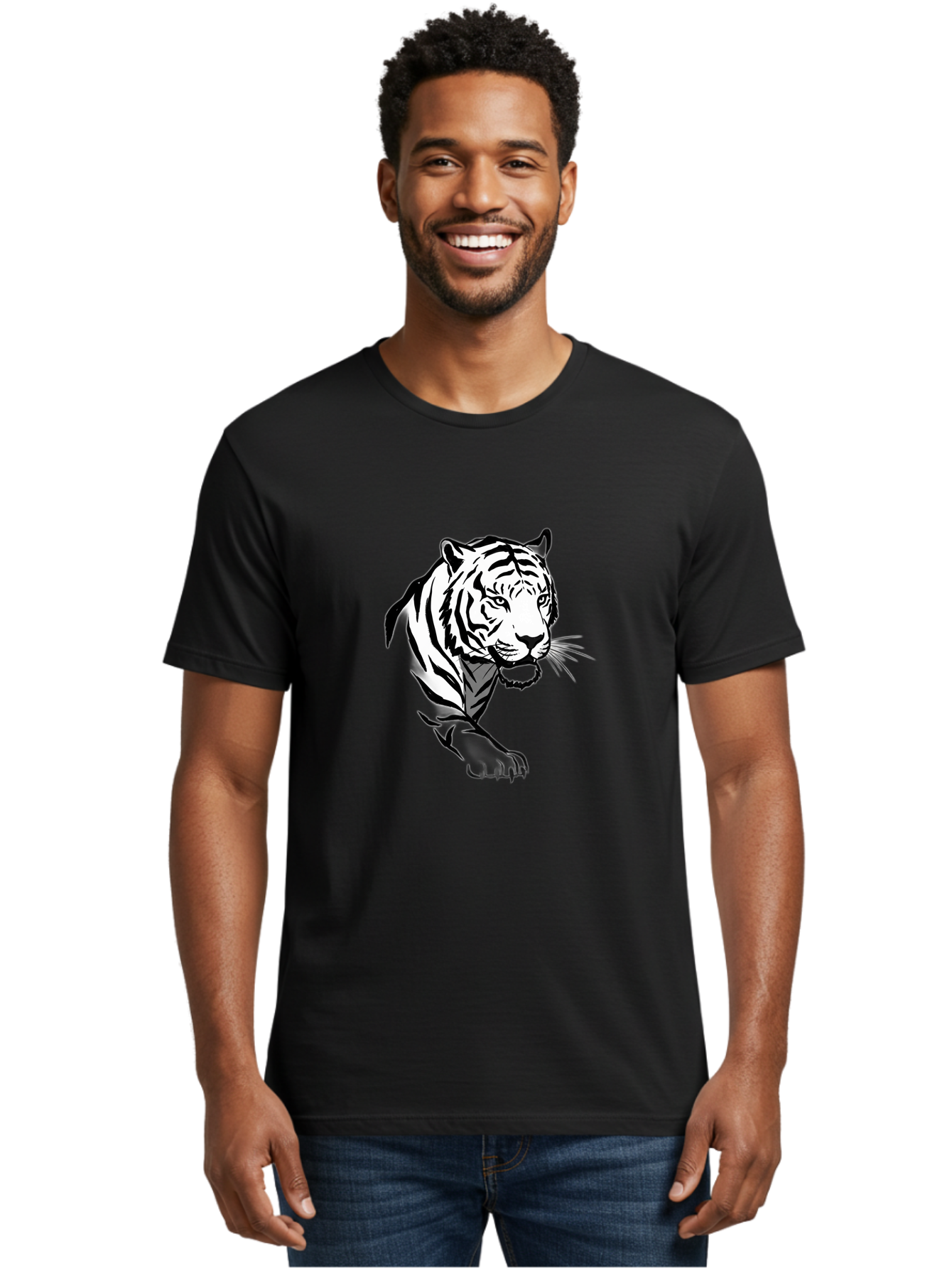 Black-And-White-Tiger Men'S Graphic Tee, 100% Cotton, Comfortable Casual Summer Wear, Machine Washable, Black And White Tiger, Tiger Head, Animal Graphics, Wildlife Art, Tiger Illustration, Bold Stripes, Fierce Expression, Cartoon Style Baa163