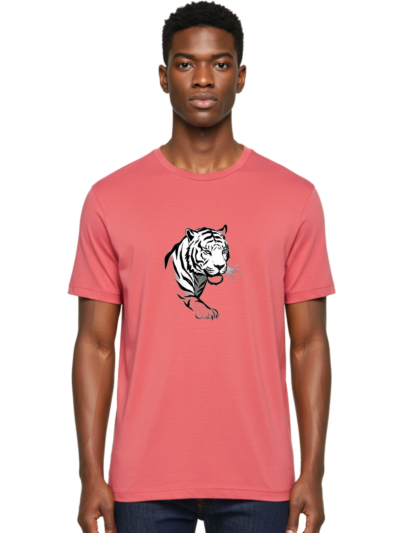 Black-And-White-Tiger Men'S Graphic Tee, 100% Cotton, Comfortable Casual Summer Wear, Machine Washable, Black And White Tiger, Tiger Head, Animal Graphics, Wildlife Art, Tiger Illustration, Bold Stripes, Fierce Expression, Cartoon Style Baa163