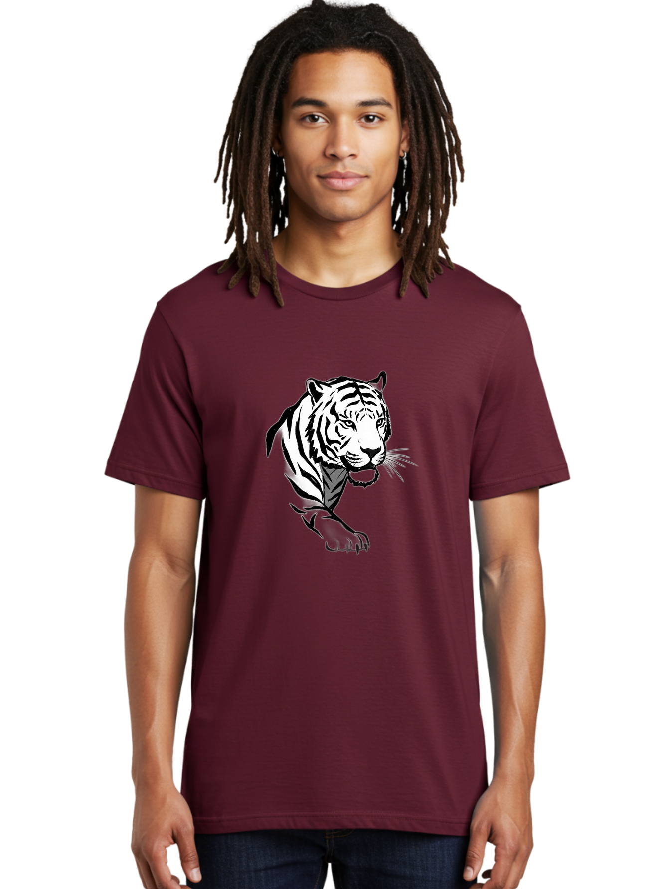 Black-And-White-Tiger Men'S Graphic Tee, 100% Cotton, Comfortable Casual Summer Wear, Machine Washable, Black And White Tiger, Tiger Head, Animal Graphics, Wildlife Art, Tiger Illustration, Bold Stripes, Fierce Expression, Cartoon Style Baa163