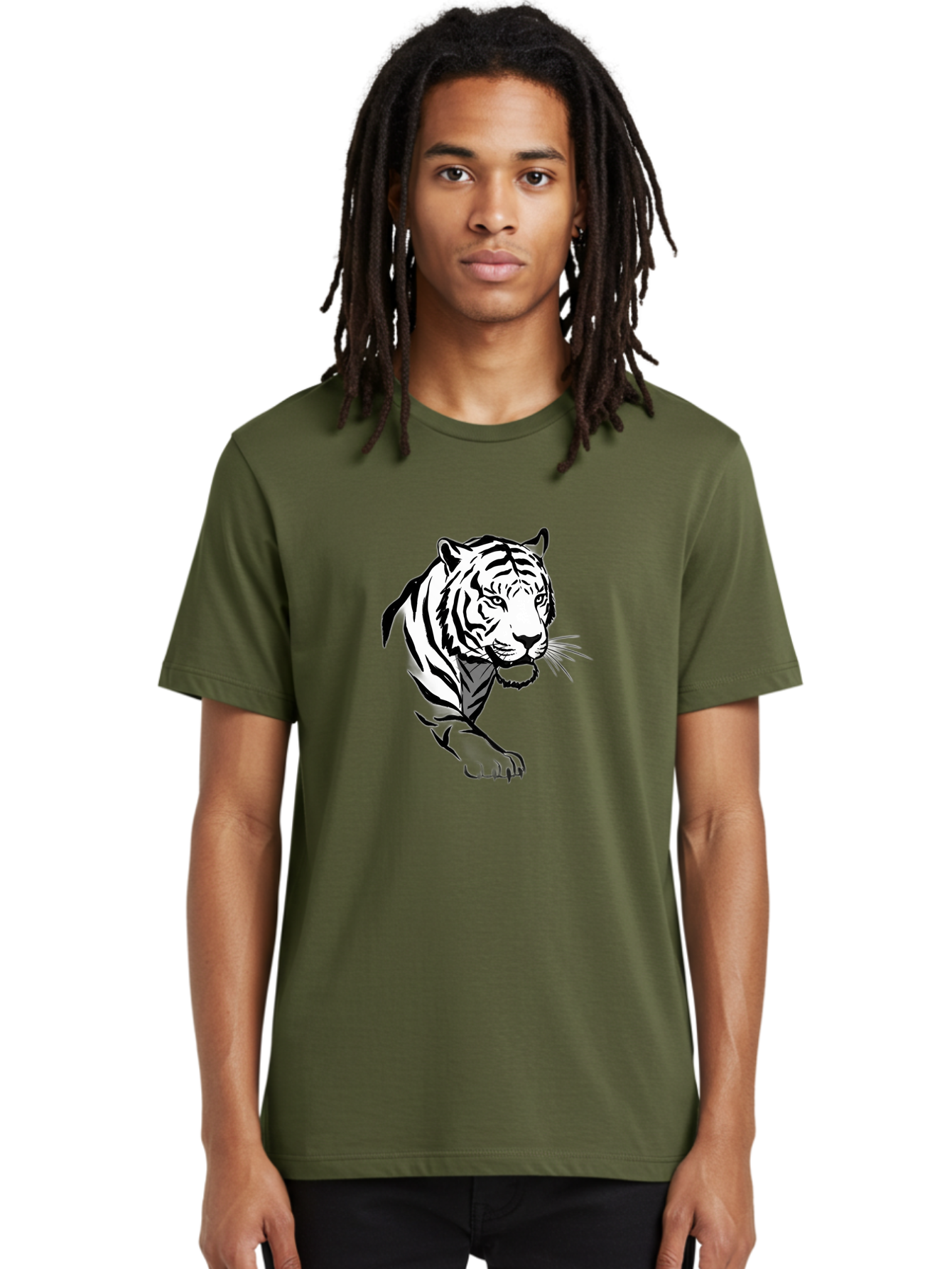 Black-And-White-Tiger Men'S Graphic Tee, 100% Cotton, Comfortable Casual Summer Wear, Machine Washable, Black And White Tiger, Tiger Head, Animal Graphics, Wildlife Art, Tiger Illustration, Bold Stripes, Fierce Expression, Cartoon Style Baa163