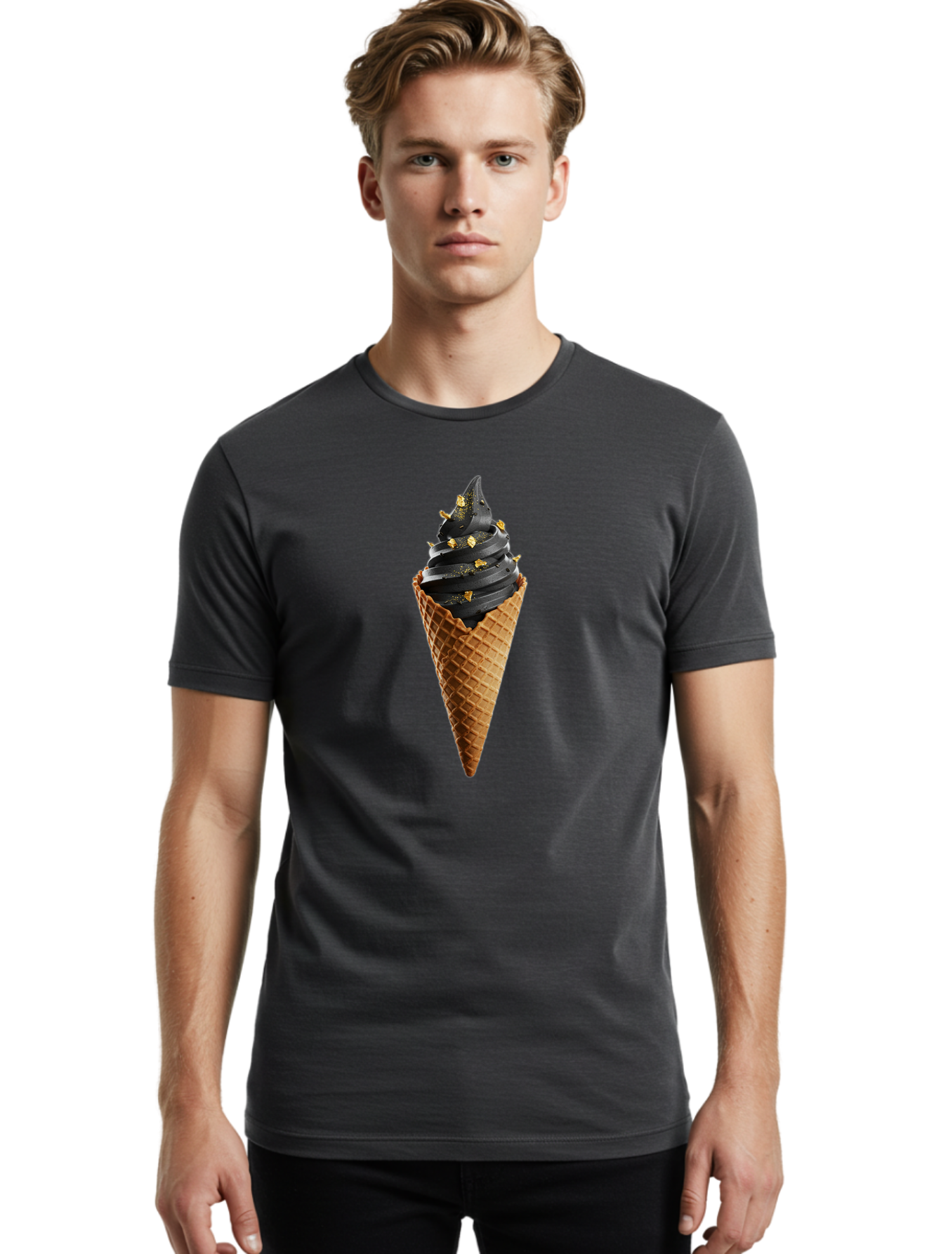 Black-Ice-Cream-Cone Men'S Graphic Tee, 100% Cotton, Comfortable Casual Summer Wear, Machine Washable, Black Ice Cream, Gold Sprinkles, Waffle Cone, Sweet Treat, Indulgent Dessert, Luxurious Ice Cream, Gold Accents, Creamy Texture Baa164