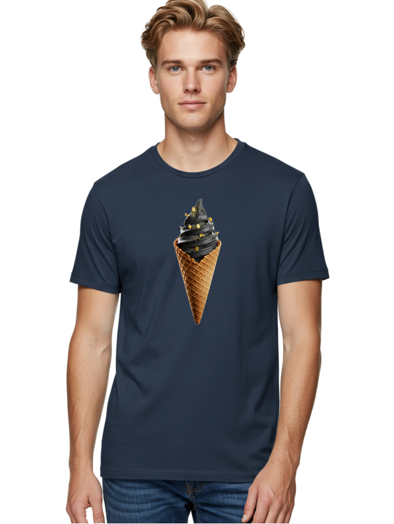 Black-Ice-Cream-Cone Men'S Graphic Tee, 100% Cotton, Comfortable Casual Summer Wear, Machine Washable, Black Ice Cream, Gold Sprinkles, Waffle Cone, Sweet Treat, Indulgent Dessert, Luxurious Ice Cream, Gold Accents, Creamy Texture Baa164