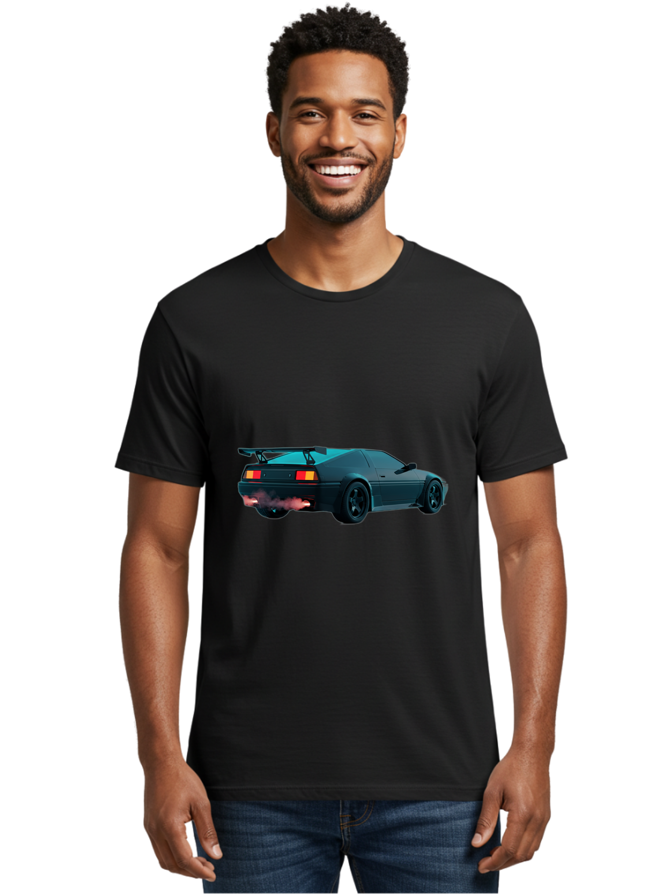 Black-Sports-Car Men'S Graphic Tee, 100% Cotton, Comfortable Casual Summer Wear, Machine Washable, Classic Sports Car, Drift Car, Rear View, Black Car, Red Brake Lights, Orange Turn Signals, Black Spoiler, Smoke From Exhaust, Baa165