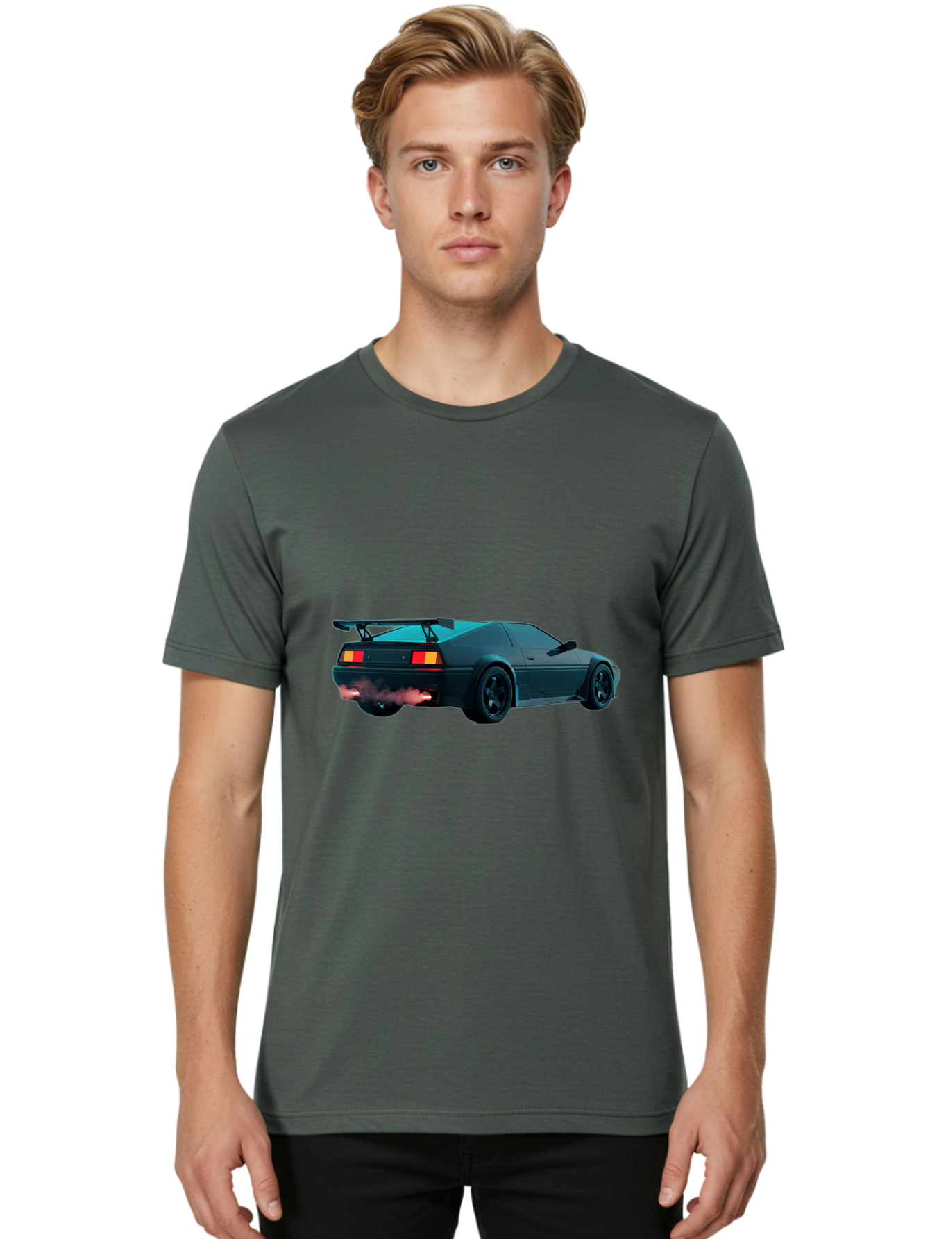 Black-Sports-Car Men'S Graphic Tee, 100% Cotton, Comfortable Casual Summer Wear, Machine Washable, Classic Sports Car, Drift Car, Rear View, Black Car, Red Brake Lights, Orange Turn Signals, Black Spoiler, Smoke From Exhaust, Baa165