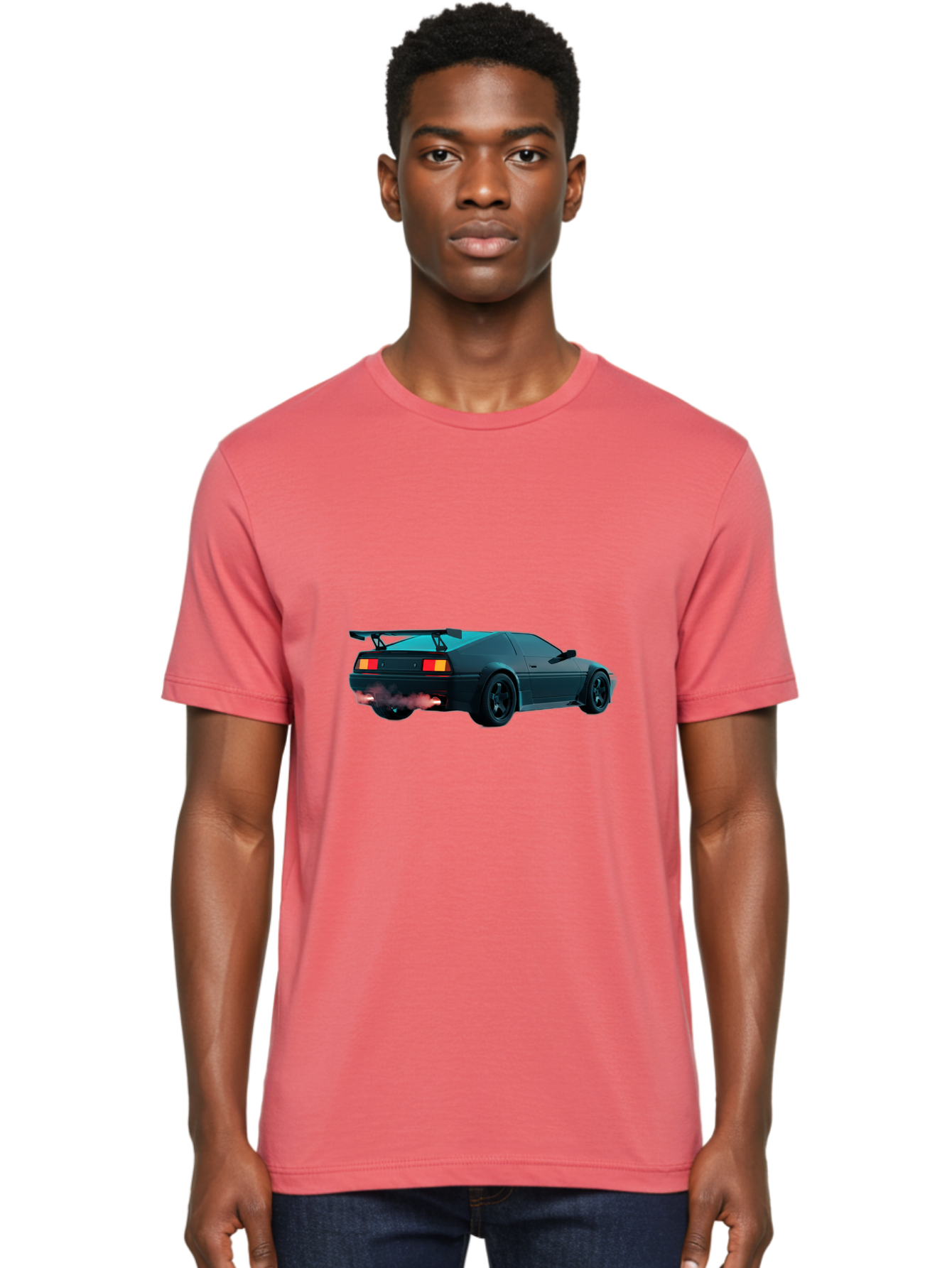 Black-Sports-Car Men'S Graphic Tee, 100% Cotton, Comfortable Casual Summer Wear, Machine Washable, Classic Sports Car, Drift Car, Rear View, Black Car, Red Brake Lights, Orange Turn Signals, Black Spoiler, Smoke From Exhaust, Baa165