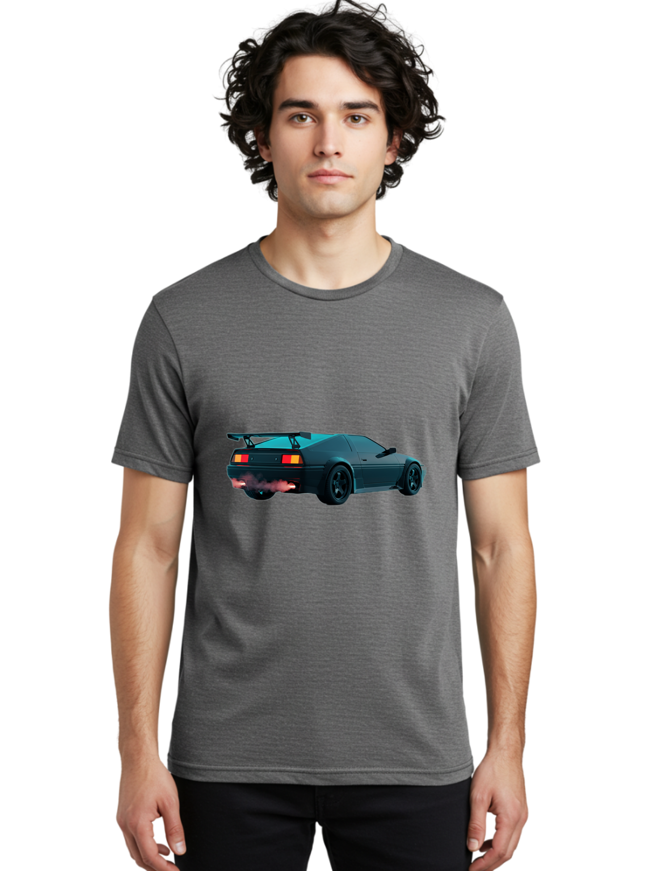 Black-Sports-Car Men'S Graphic Tee, 100% Cotton, Comfortable Casual Summer Wear, Machine Washable, Classic Sports Car, Drift Car, Rear View, Black Car, Red Brake Lights, Orange Turn Signals, Black Spoiler, Smoke From Exhaust, Baa165