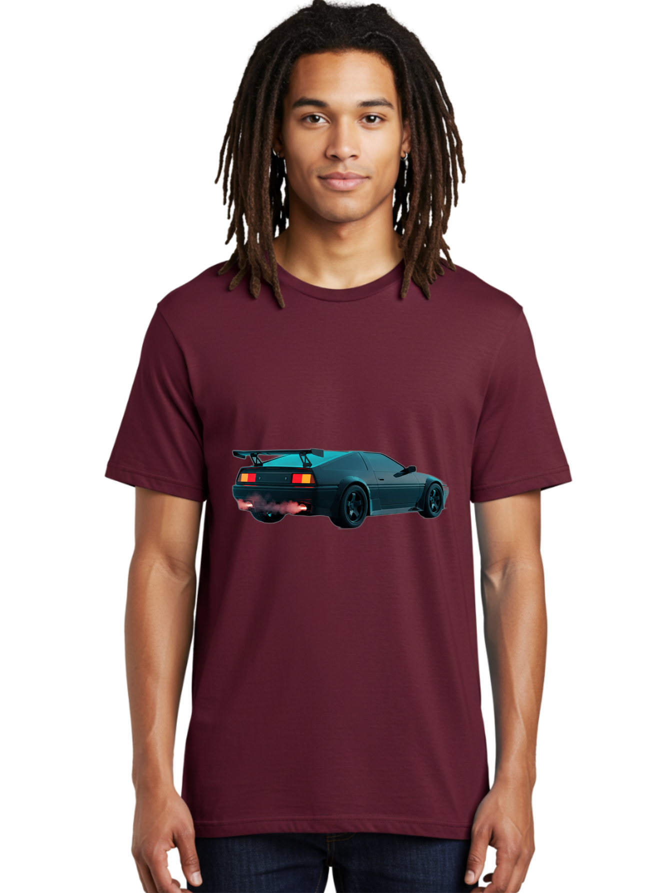 Black-Sports-Car Men'S Graphic Tee, 100% Cotton, Comfortable Casual Summer Wear, Machine Washable, Classic Sports Car, Drift Car, Rear View, Black Car, Red Brake Lights, Orange Turn Signals, Black Spoiler, Smoke From Exhaust, Baa165