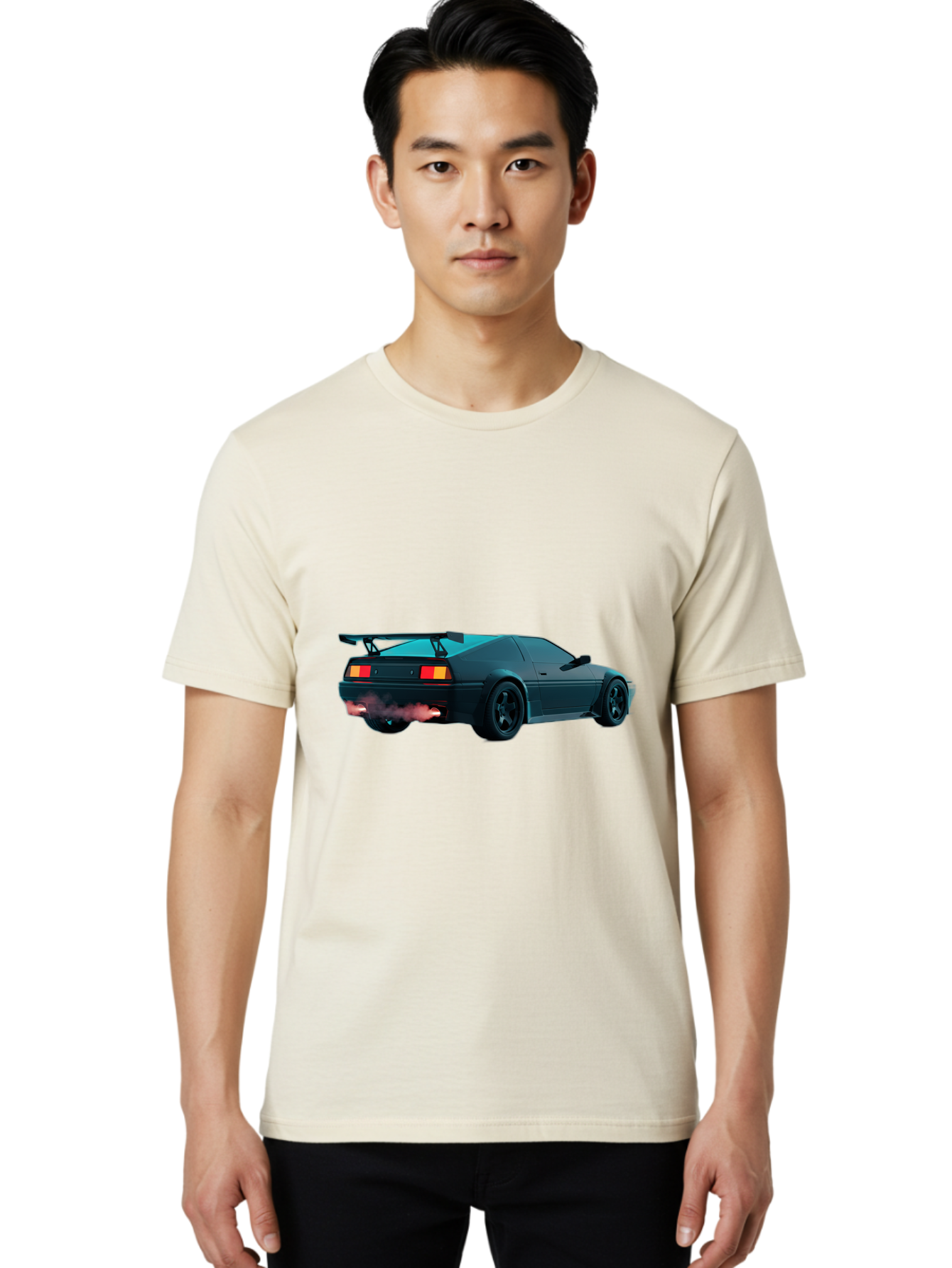 Black-Sports-Car Men'S Graphic Tee, 100% Cotton, Comfortable Casual Summer Wear, Machine Washable, Classic Sports Car, Drift Car, Rear View, Black Car, Red Brake Lights, Orange Turn Signals, Black Spoiler, Smoke From Exhaust, Baa165