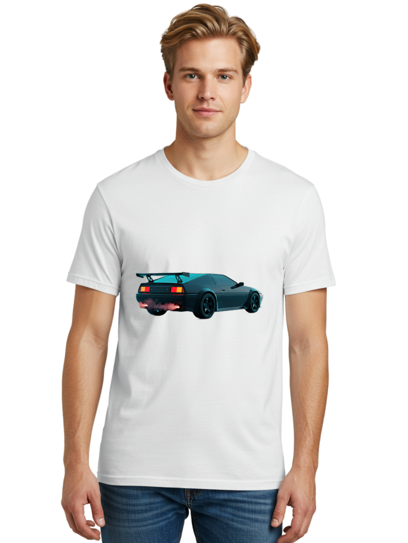 Black-Sports-Car Men'S Graphic Tee, 100% Cotton, Comfortable Casual Summer Wear, Machine Washable, Classic Sports Car, Drift Car, Rear View, Black Car, Red Brake Lights, Orange Turn Signals, Black Spoiler, Smoke From Exhaust, Baa165