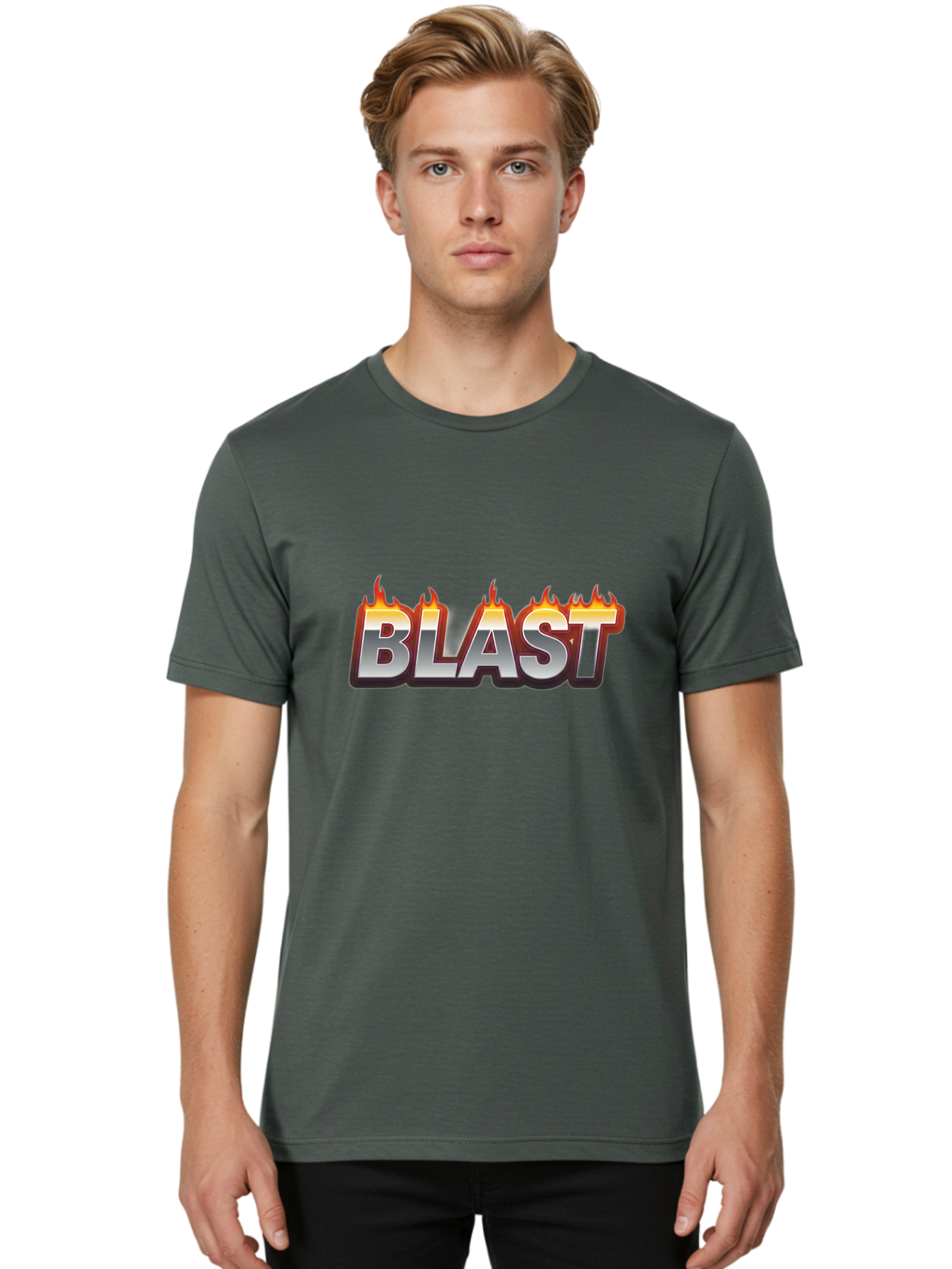 Blast Men'S Graphic Tee, 100% Cotton, Comfortable Casual Summer Wear, Machine Washable, Blast Text, Fire Flames, Bold Font, Silver Metallic, Red And Orange Hues, Intense Energy, Fiery Effect, Dramatic Typography, Explosive Design, Baa167