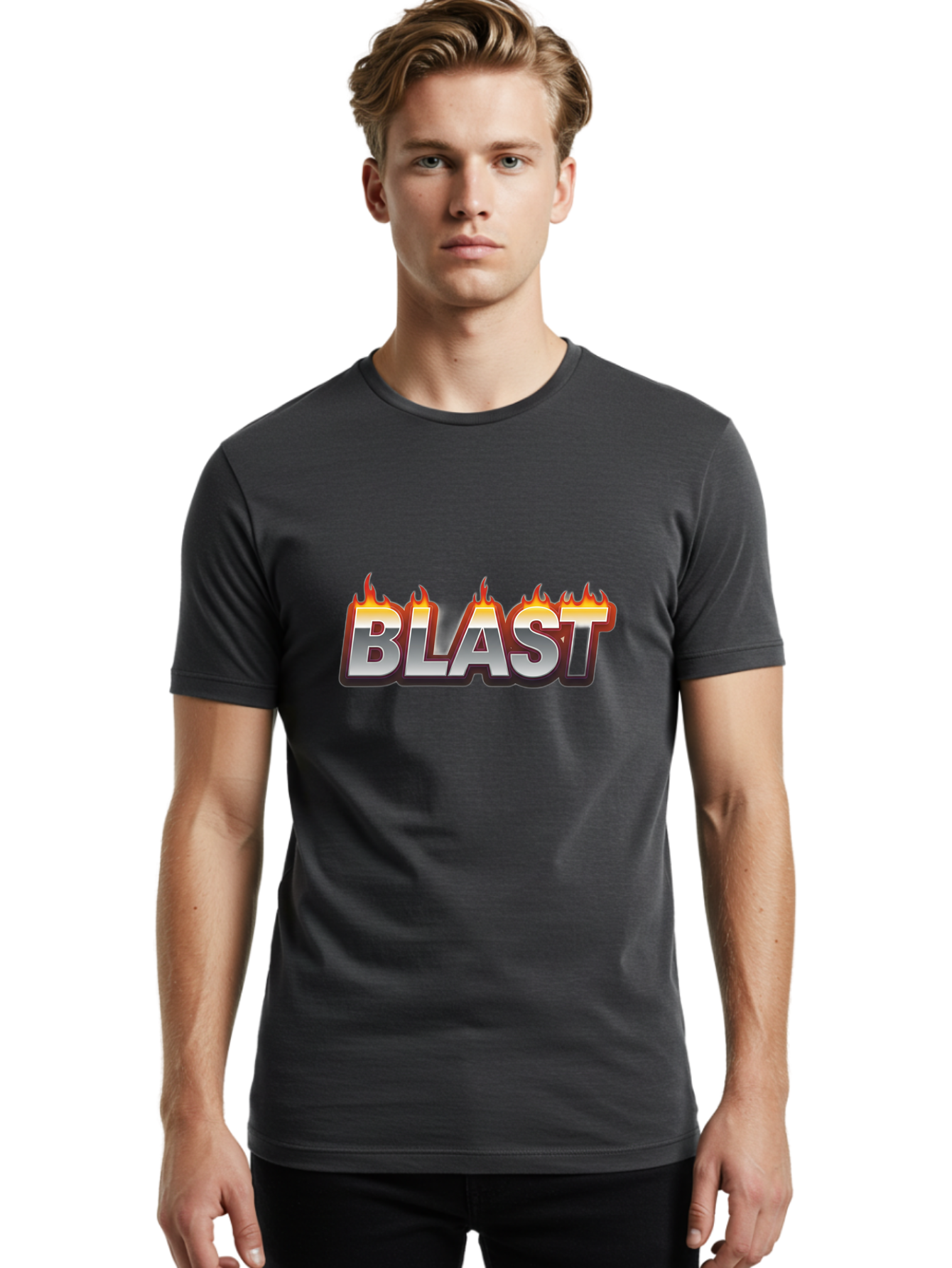 Blast Men'S Graphic Tee, 100% Cotton, Comfortable Casual Summer Wear, Machine Washable, Blast Text, Fire Flames, Bold Font, Silver Metallic, Red And Orange Hues, Intense Energy, Fiery Effect, Dramatic Typography, Explosive Design, Baa167