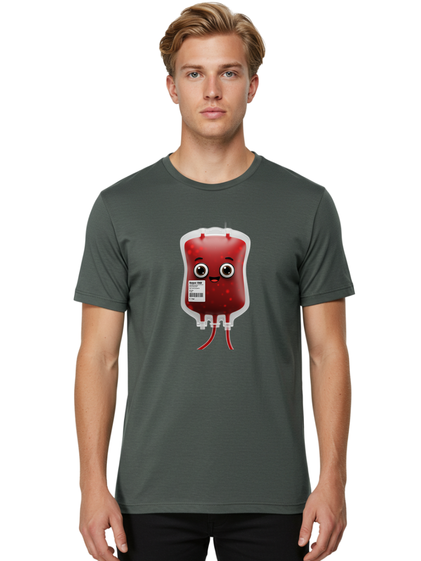 Blood-Bag Men'S Graphic Tee, 100% Cotton, Comfortable Casual Summer Wear, Machine Washable, Blood Bag With Face, Cartoon Character, Red Liquid, Medical Supply, Barcode Label, Iv Drip, Healthcare, Donation, Transfusion Baa169