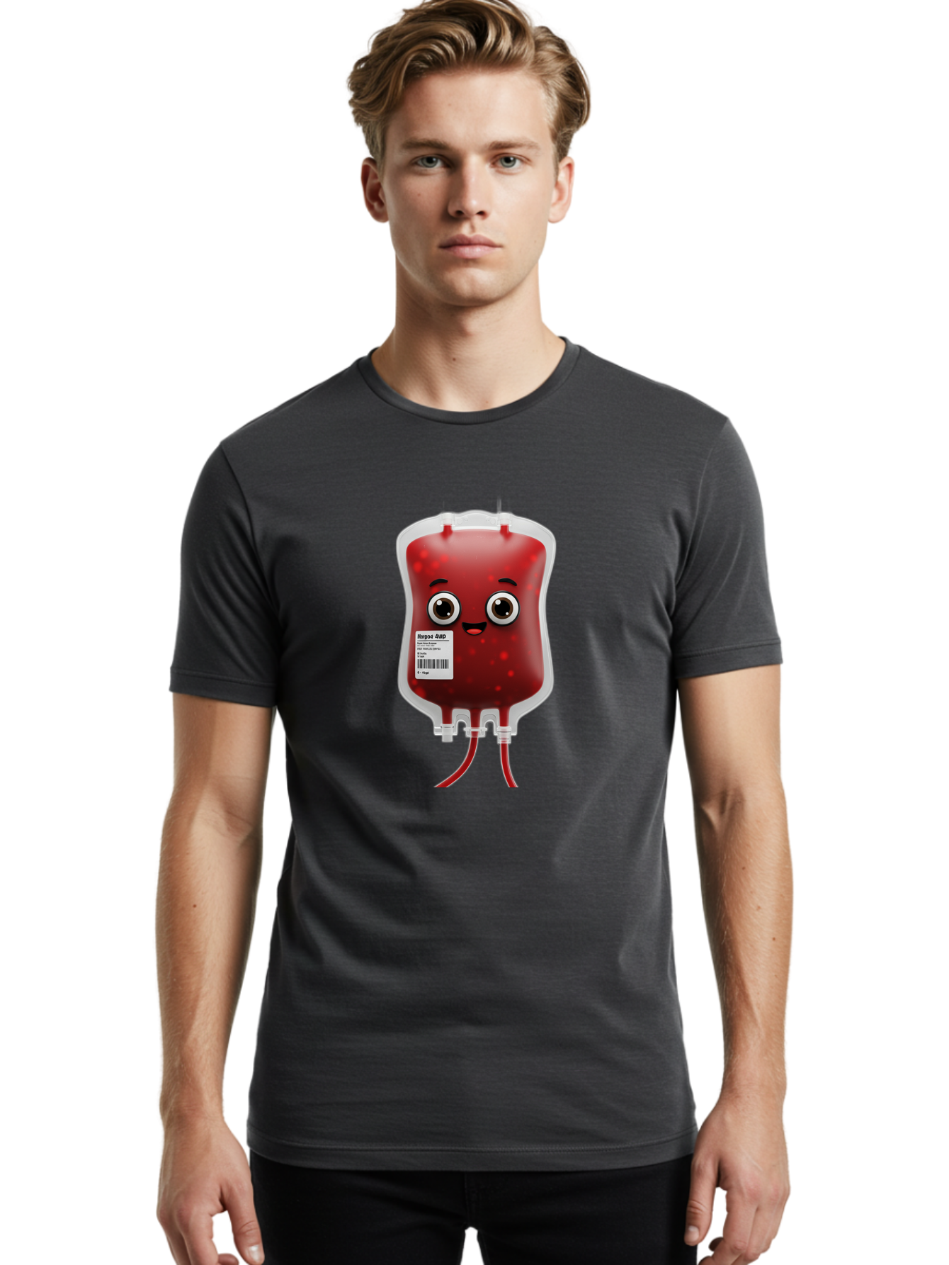 Blood-Bag Men'S Graphic Tee, 100% Cotton, Comfortable Casual Summer Wear, Machine Washable, Blood Bag With Face, Cartoon Character, Red Liquid, Medical Supply, Barcode Label, Iv Drip, Healthcare, Donation, Transfusion Baa169