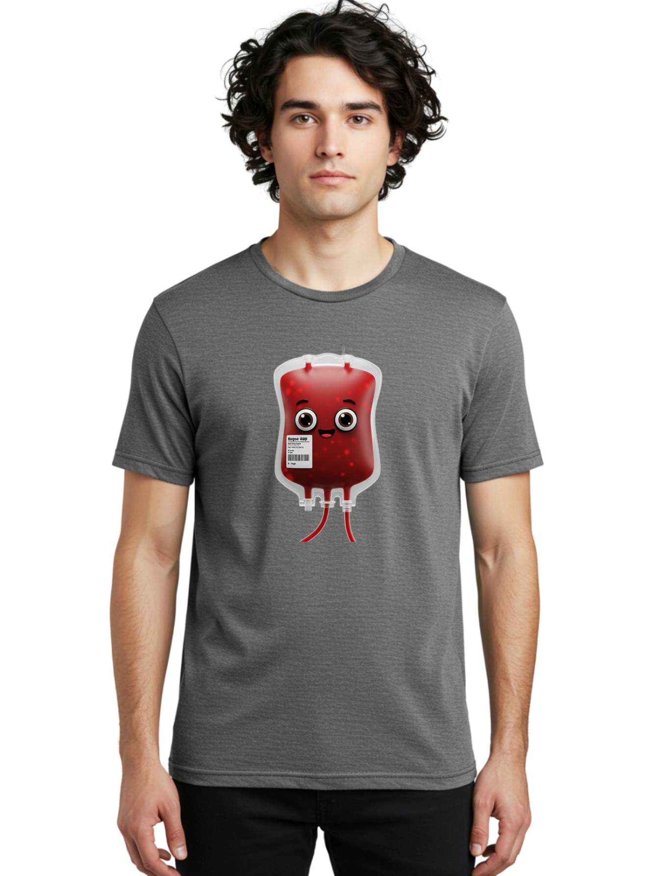 Blood-Bag Men'S Graphic Tee, 100% Cotton, Comfortable Casual Summer Wear, Machine Washable, Blood Bag With Face, Cartoon Character, Red Liquid, Medical Supply, Barcode Label, Iv Drip, Healthcare, Donation, Transfusion Baa169