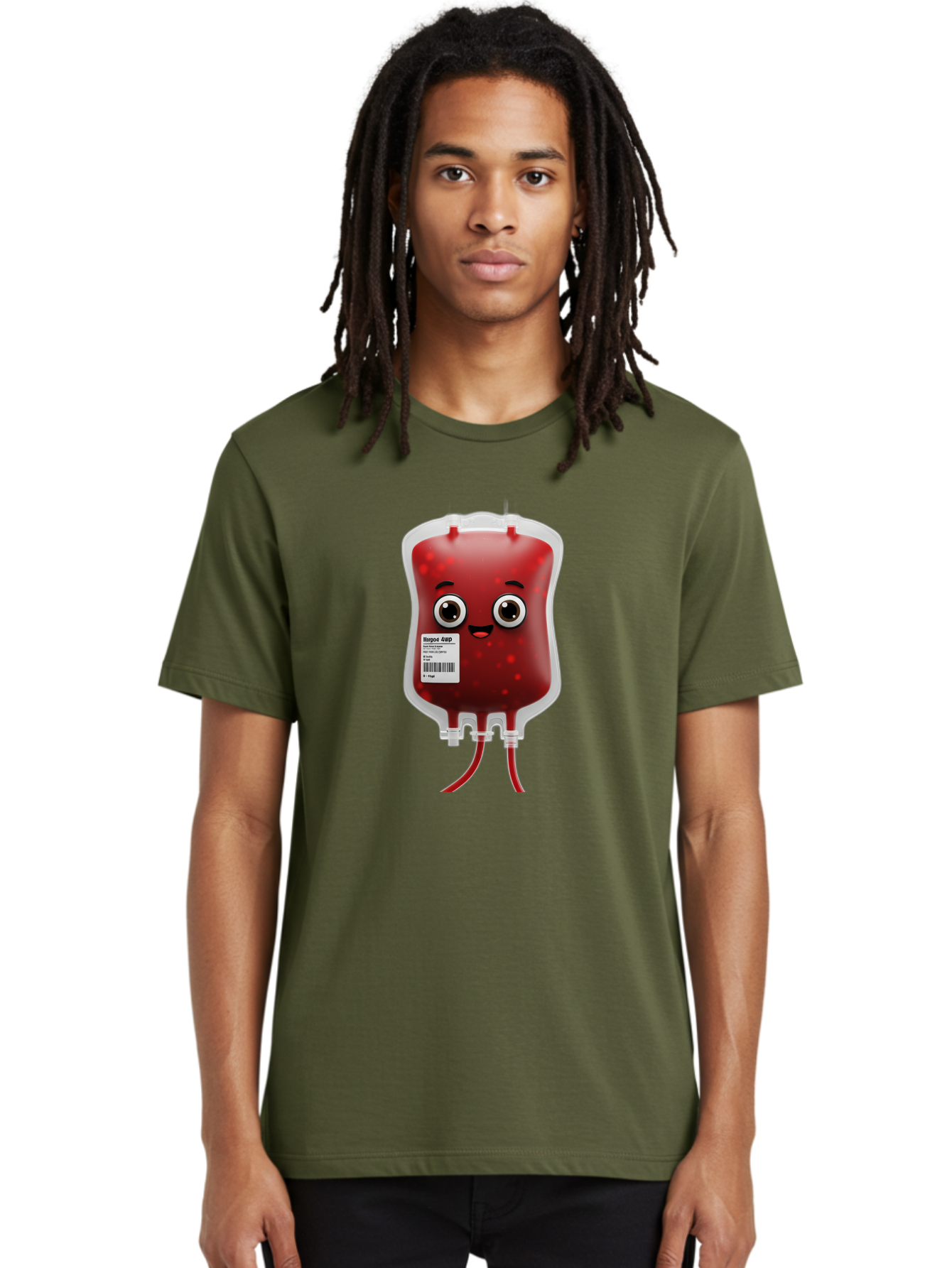 Blood-Bag Men'S Graphic Tee, 100% Cotton, Comfortable Casual Summer Wear, Machine Washable, Blood Bag With Face, Cartoon Character, Red Liquid, Medical Supply, Barcode Label, Iv Drip, Healthcare, Donation, Transfusion Baa169