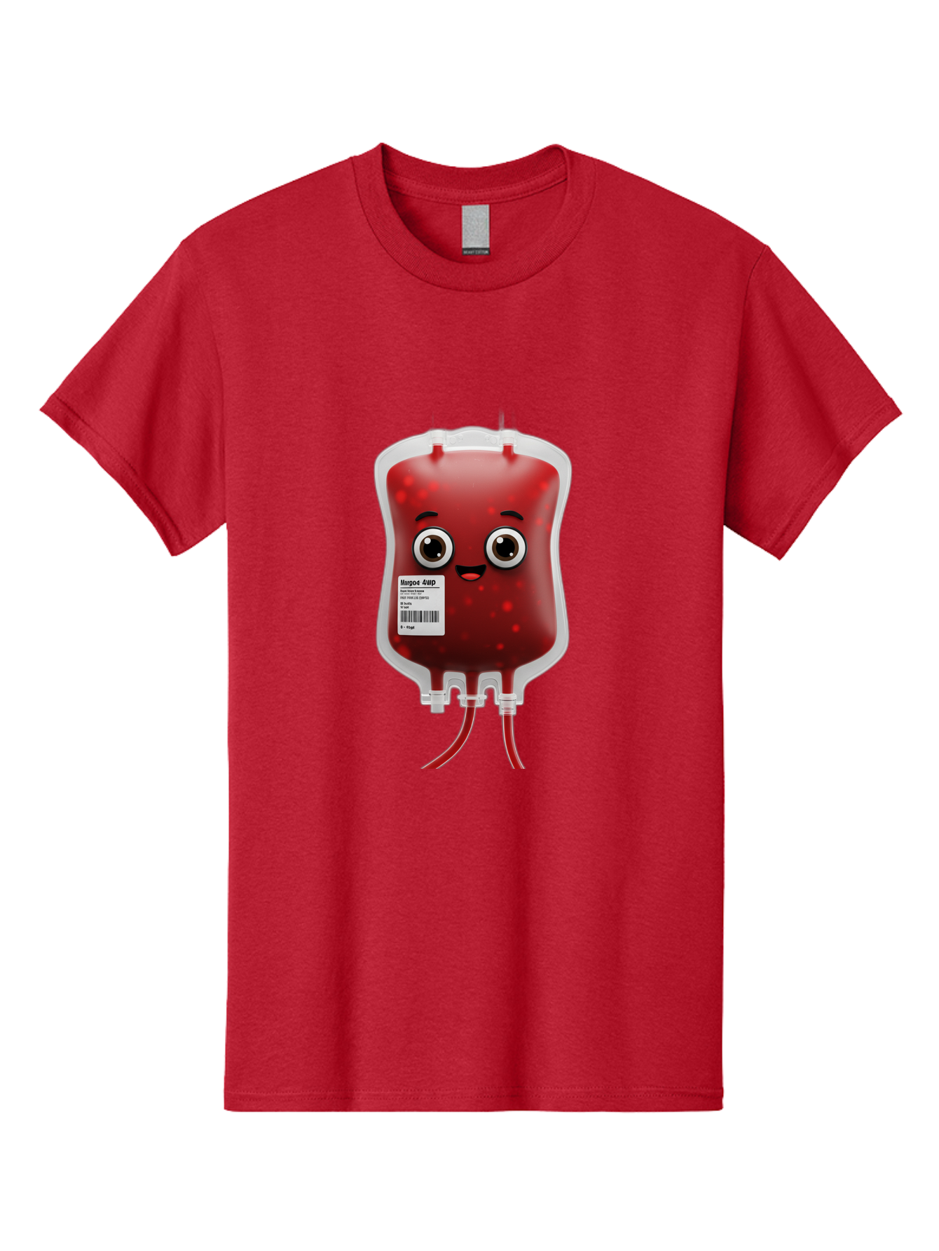 Blood-Bag Men'S Graphic Tee, 100% Cotton, Comfortable Casual Summer Wear, Machine Washable, Blood Bag With Face, Cartoon Character, Red Liquid, Medical Supply, Barcode Label, Iv Drip, Healthcare, Donation, Transfusion Baa169