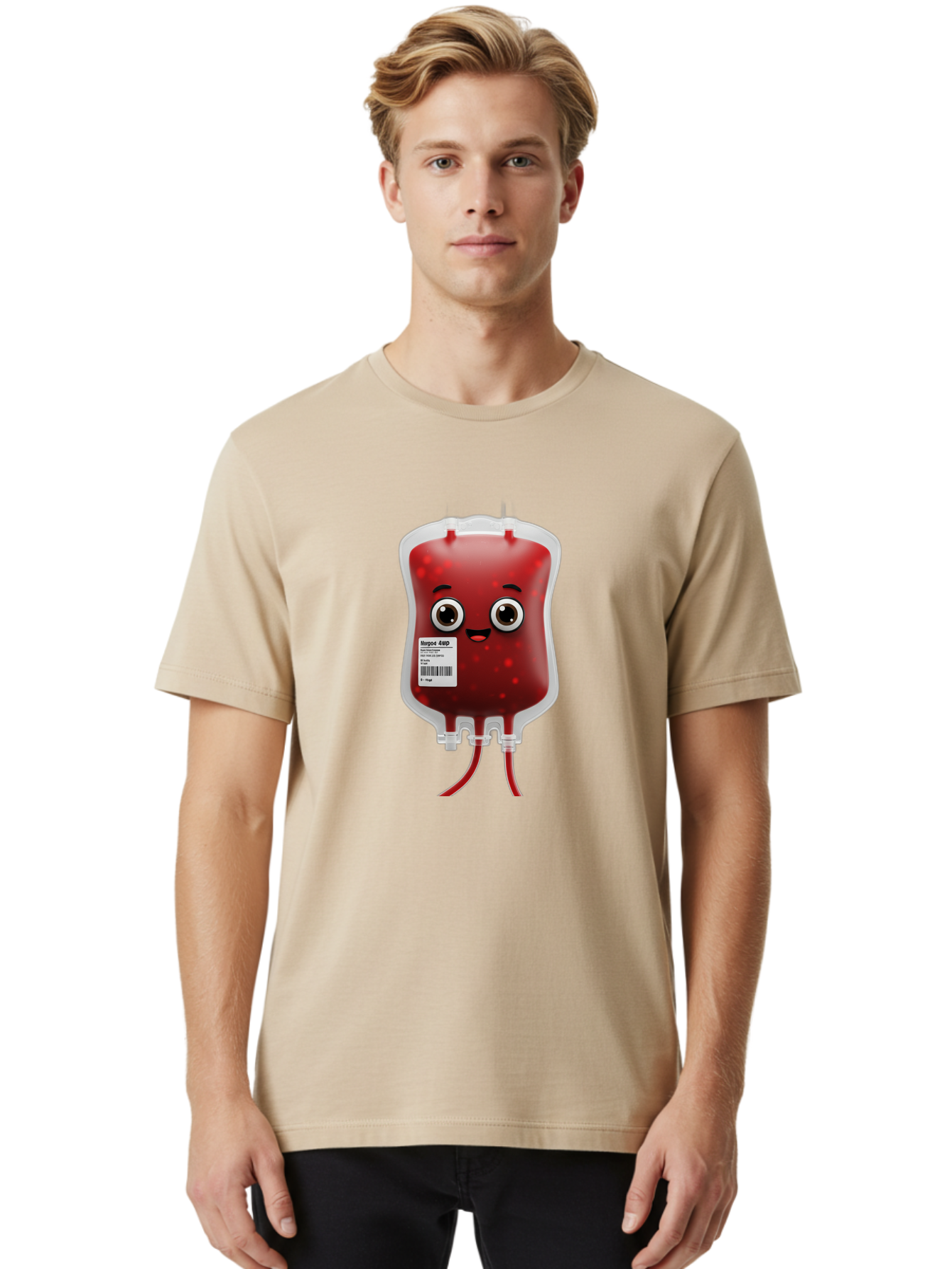 Blood-Bag Men'S Graphic Tee, 100% Cotton, Comfortable Casual Summer Wear, Machine Washable, Blood Bag With Face, Cartoon Character, Red Liquid, Medical Supply, Barcode Label, Iv Drip, Healthcare, Donation, Transfusion Baa169