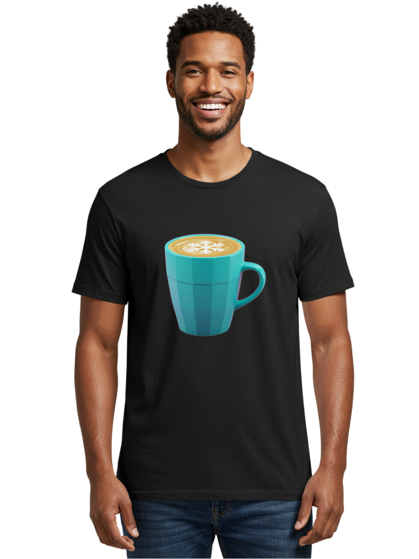 Blue-Coffee-Mug Men'S Graphic Tee, 100% Cotton, Comfortable Casual Summer Wear, Machine Washable, Coffee Cup, Blue Mug, Latte Art, Snowflake Design, Coffee Drink, Morning Coffee, Caffeine Boost, Beverage, Coffee Culture, Winter Theme Baa170