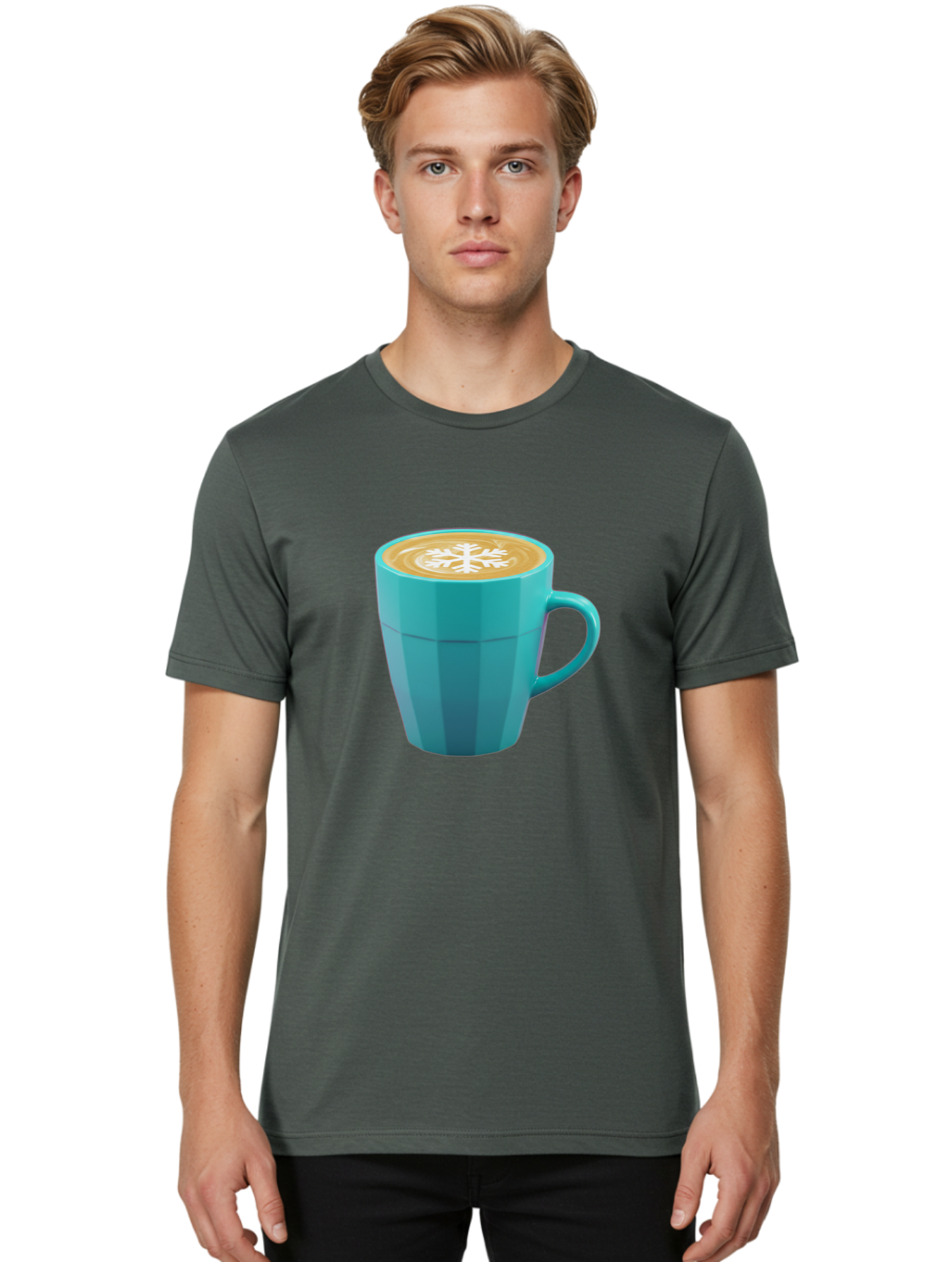 Blue-Coffee-Mug Men'S Graphic Tee, 100% Cotton, Comfortable Casual Summer Wear, Machine Washable, Coffee Cup, Blue Mug, Latte Art, Snowflake Design, Coffee Drink, Morning Coffee, Caffeine Boost, Beverage, Coffee Culture, Winter Theme Baa170
