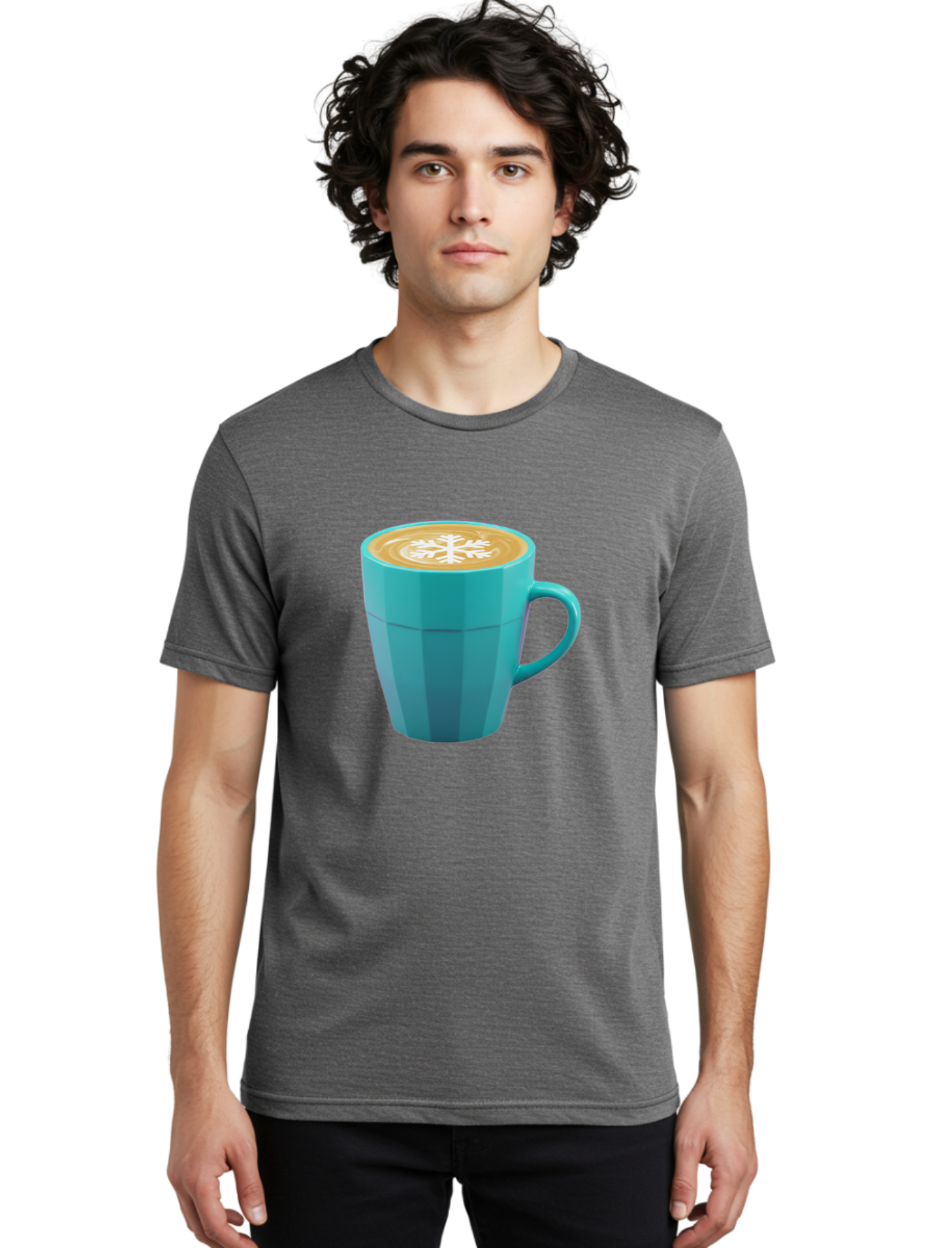 Blue-Coffee-Mug Men'S Graphic Tee, 100% Cotton, Comfortable Casual Summer Wear, Machine Washable, Coffee Cup, Blue Mug, Latte Art, Snowflake Design, Coffee Drink, Morning Coffee, Caffeine Boost, Beverage, Coffee Culture, Winter Theme Baa170