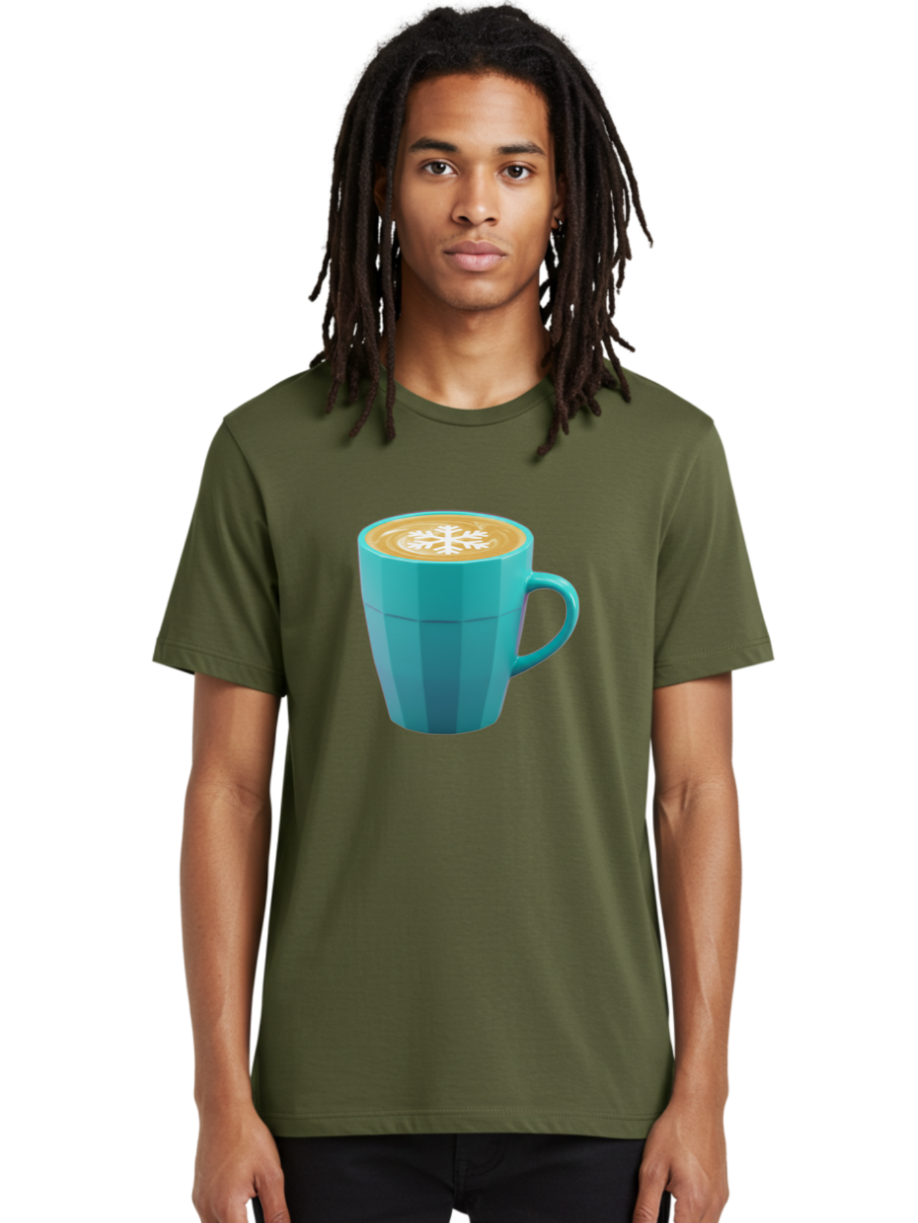 Blue-Coffee-Mug Men'S Graphic Tee, 100% Cotton, Comfortable Casual Summer Wear, Machine Washable, Coffee Cup, Blue Mug, Latte Art, Snowflake Design, Coffee Drink, Morning Coffee, Caffeine Boost, Beverage, Coffee Culture, Winter Theme Baa170