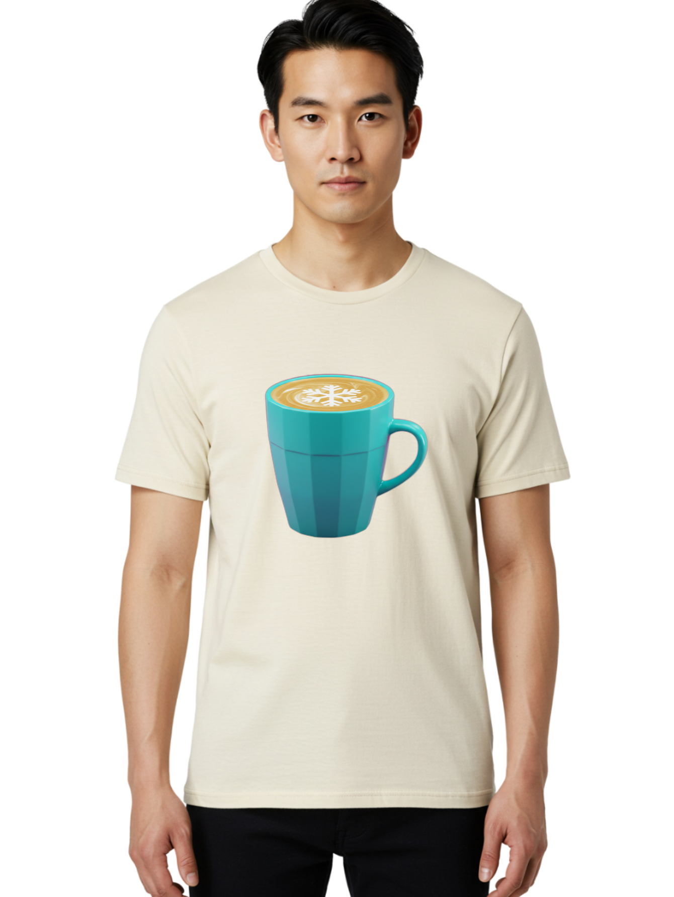 Blue-Coffee-Mug Men'S Graphic Tee, 100% Cotton, Comfortable Casual Summer Wear, Machine Washable, Coffee Cup, Blue Mug, Latte Art, Snowflake Design, Coffee Drink, Morning Coffee, Caffeine Boost, Beverage, Coffee Culture, Winter Theme Baa170