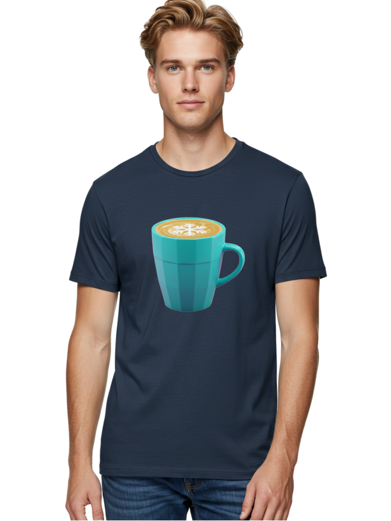 Blue-Coffee-Mug Men'S Graphic Tee, 100% Cotton, Comfortable Casual Summer Wear, Machine Washable, Coffee Cup, Blue Mug, Latte Art, Snowflake Design, Coffee Drink, Morning Coffee, Caffeine Boost, Beverage, Coffee Culture, Winter Theme Baa170