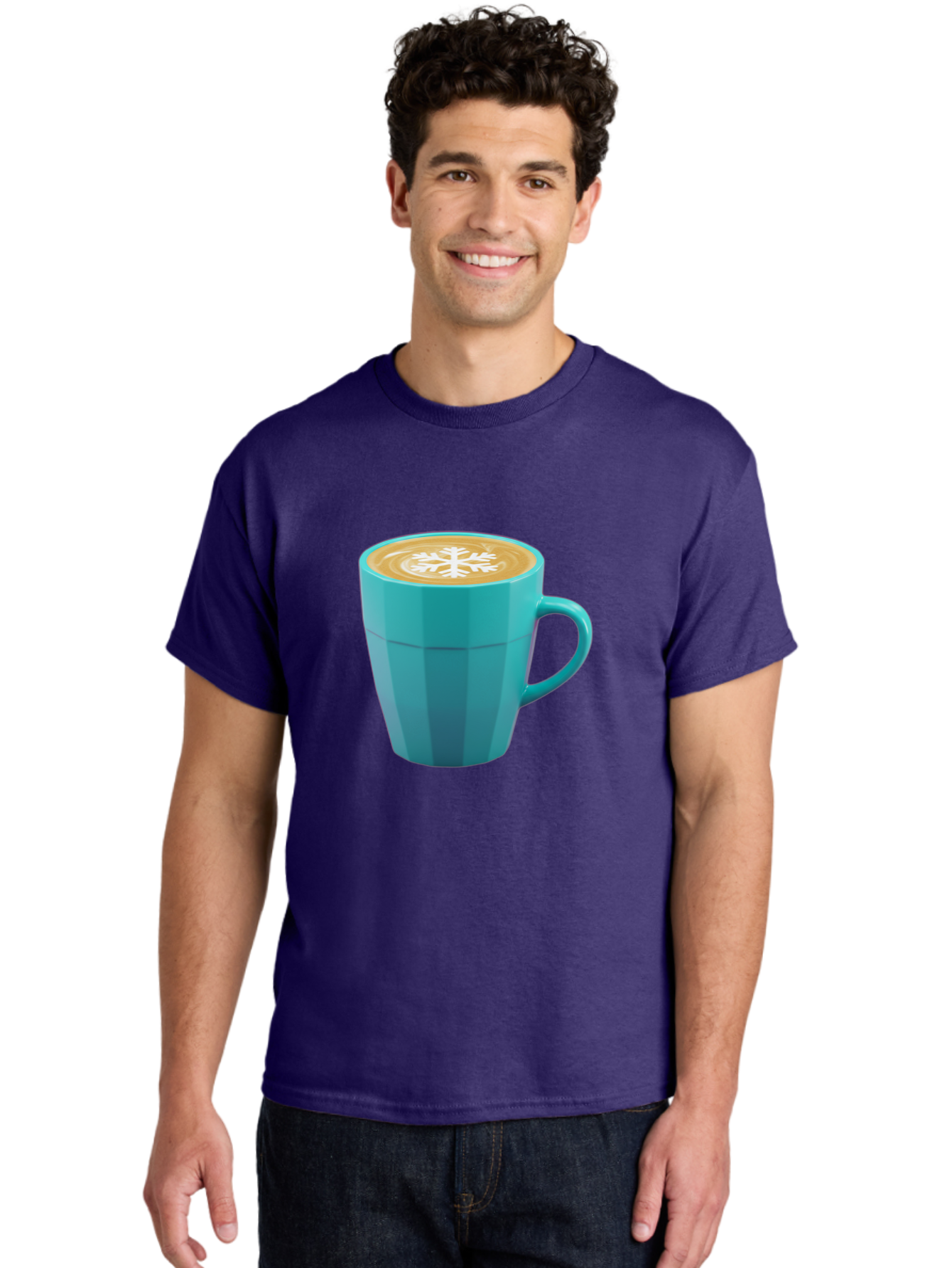 Blue-Coffee-Mug Men'S Graphic Tee, 100% Cotton, Comfortable Casual Summer Wear, Machine Washable, Coffee Cup, Blue Mug, Latte Art, Snowflake Design, Coffee Drink, Morning Coffee, Caffeine Boost, Beverage, Coffee Culture, Winter Theme Baa170