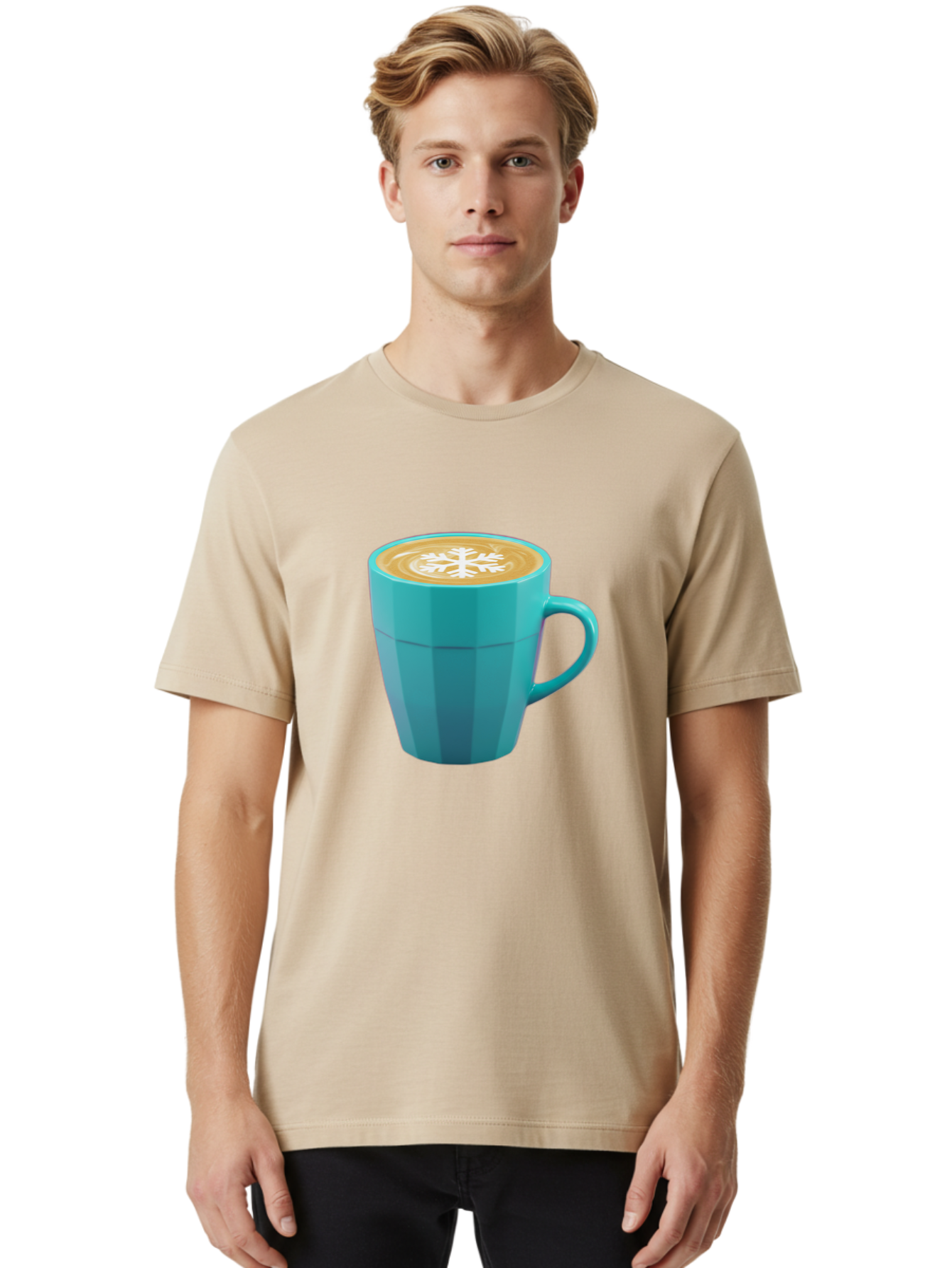 Blue-Coffee-Mug Men'S Graphic Tee, 100% Cotton, Comfortable Casual Summer Wear, Machine Washable, Coffee Cup, Blue Mug, Latte Art, Snowflake Design, Coffee Drink, Morning Coffee, Caffeine Boost, Beverage, Coffee Culture, Winter Theme Baa170