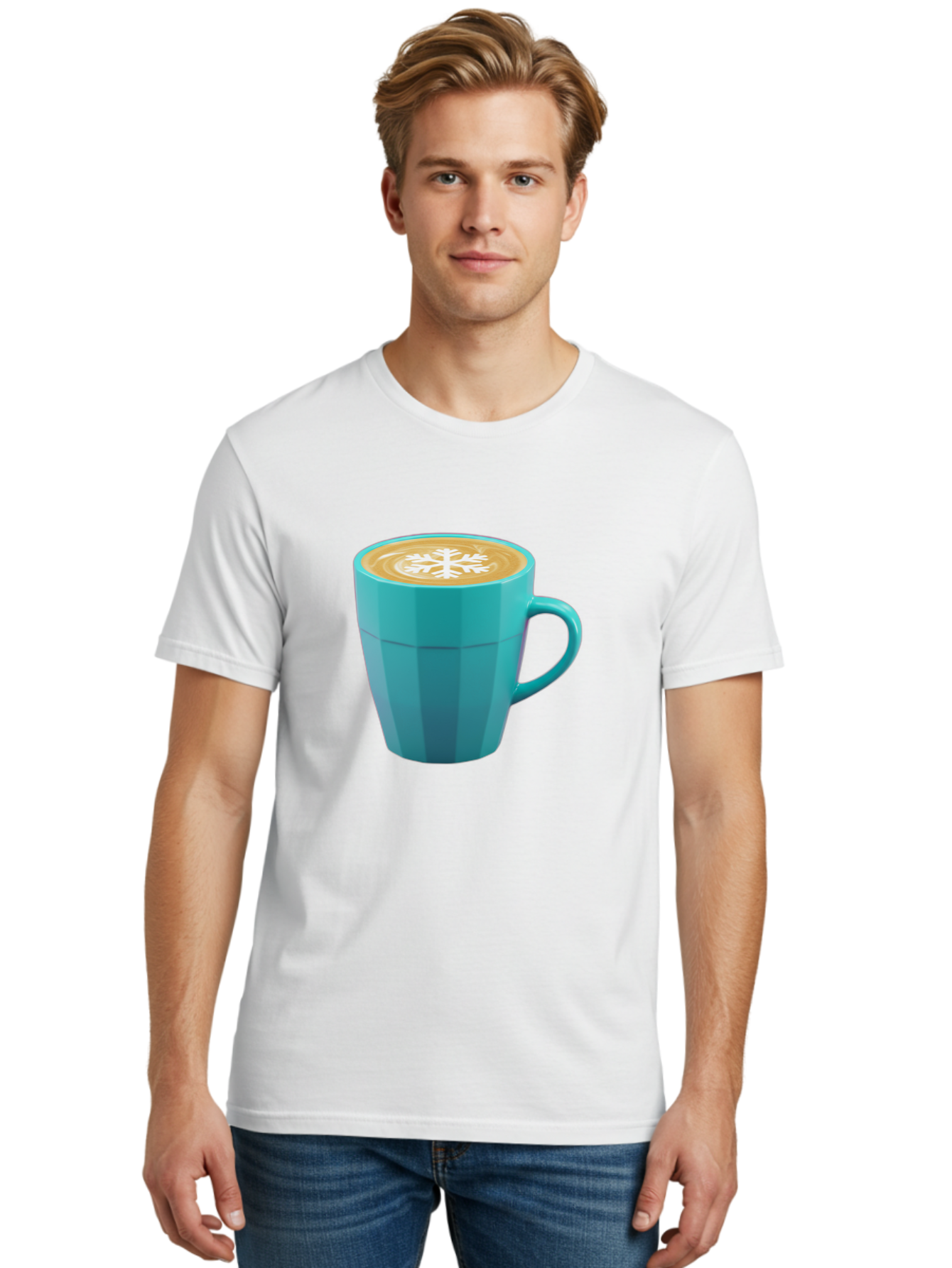 Blue-Coffee-Mug Men'S Graphic Tee, 100% Cotton, Comfortable Casual Summer Wear, Machine Washable, Coffee Cup, Blue Mug, Latte Art, Snowflake Design, Coffee Drink, Morning Coffee, Caffeine Boost, Beverage, Coffee Culture, Winter Theme Baa170