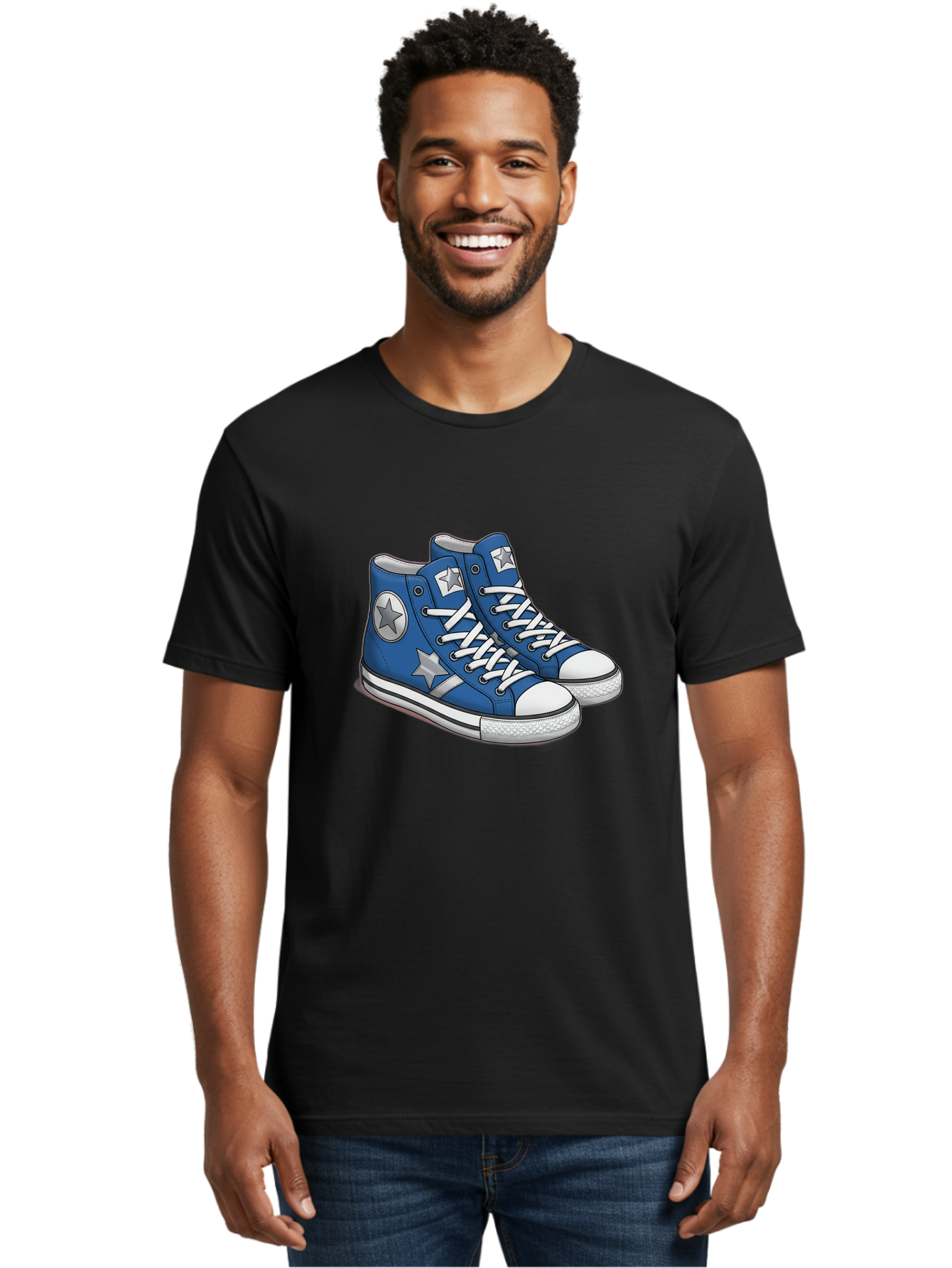 Blue-Converse-Sneakers Men'S Graphic Tee, 100% Cotton, Comfortable Casual Summer Wear, Machine Washable, Blue Sneakers, Star Design, White Laces, Converse Style, Casual Footwear, Sneaker Fashion, Streetwear, Blue Shoes, Star Pattern Baa171
