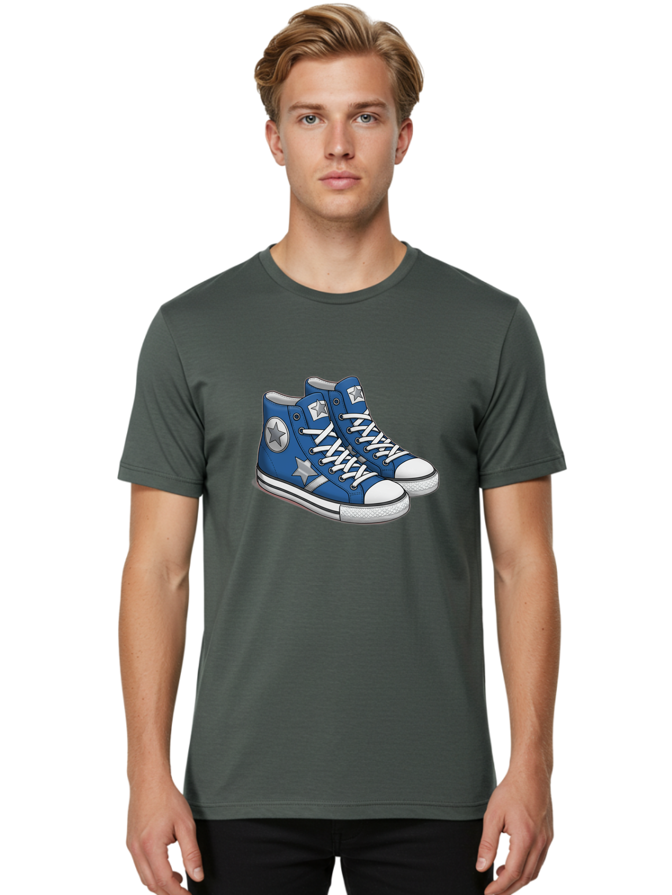 Blue-Converse-Sneakers Men'S Graphic Tee, 100% Cotton, Comfortable Casual Summer Wear, Machine Washable, Blue Sneakers, Star Design, White Laces, Converse Style, Casual Footwear, Sneaker Fashion, Streetwear, Blue Shoes, Star Pattern Baa171