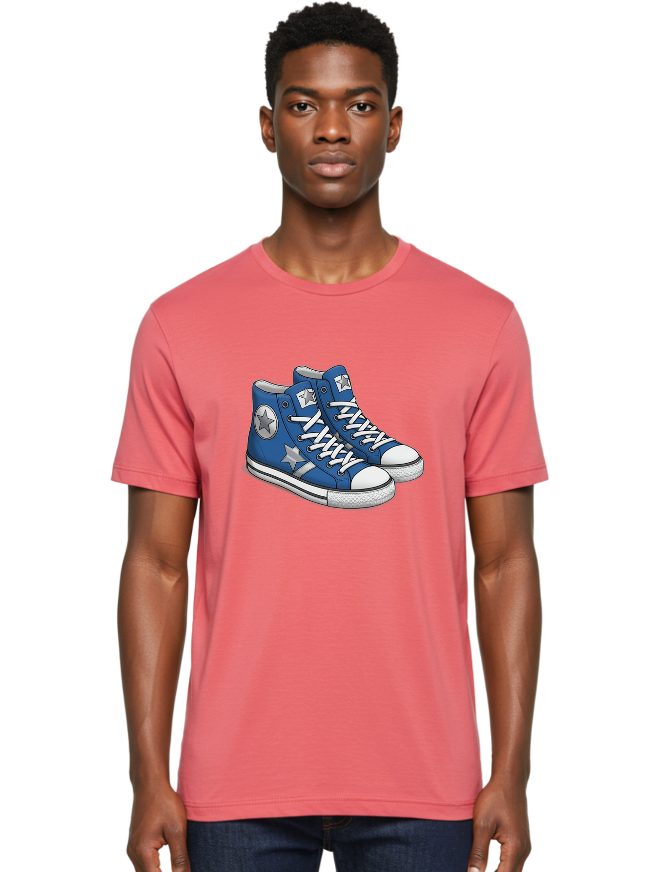 Blue-Converse-Sneakers Men'S Graphic Tee, 100% Cotton, Comfortable Casual Summer Wear, Machine Washable, Blue Sneakers, Star Design, White Laces, Converse Style, Casual Footwear, Sneaker Fashion, Streetwear, Blue Shoes, Star Pattern Baa171