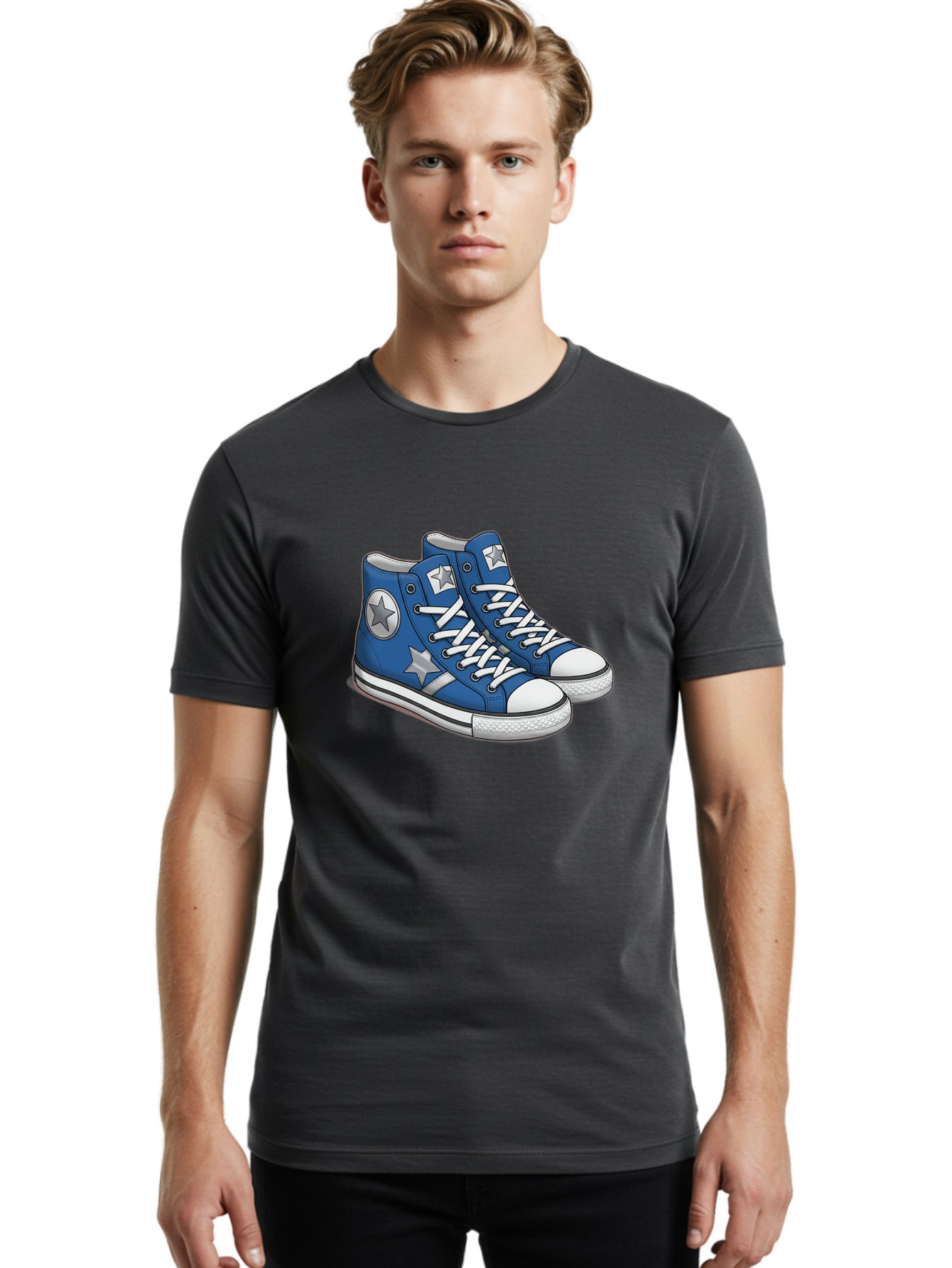 Blue-Converse-Sneakers Men'S Graphic Tee, 100% Cotton, Comfortable Casual Summer Wear, Machine Washable, Blue Sneakers, Star Design, White Laces, Converse Style, Casual Footwear, Sneaker Fashion, Streetwear, Blue Shoes, Star Pattern Baa171