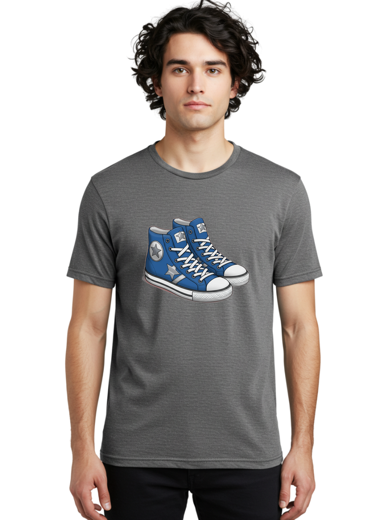Blue-Converse-Sneakers Men'S Graphic Tee, 100% Cotton, Comfortable Casual Summer Wear, Machine Washable, Blue Sneakers, Star Design, White Laces, Converse Style, Casual Footwear, Sneaker Fashion, Streetwear, Blue Shoes, Star Pattern Baa171