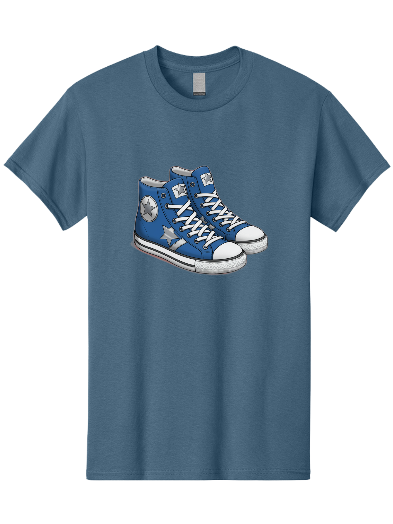 Blue-Converse-Sneakers Men'S Graphic Tee, 100% Cotton, Comfortable Casual Summer Wear, Machine Washable, Blue Sneakers, Star Design, White Laces, Converse Style, Casual Footwear, Sneaker Fashion, Streetwear, Blue Shoes, Star Pattern Baa171