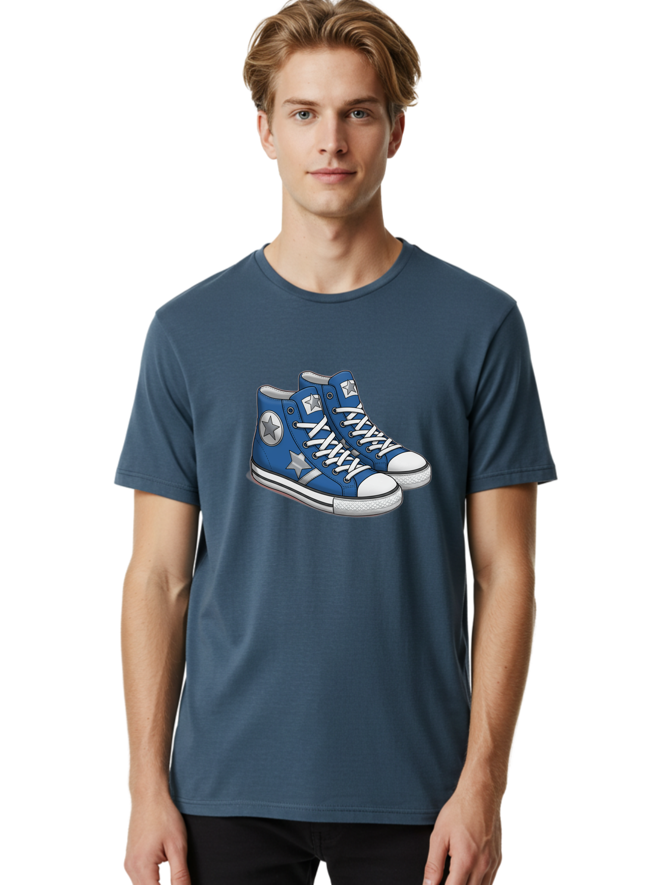 Blue-Converse-Sneakers Men'S Graphic Tee, 100% Cotton, Comfortable Casual Summer Wear, Machine Washable, Blue Sneakers, Star Design, White Laces, Converse Style, Casual Footwear, Sneaker Fashion, Streetwear, Blue Shoes, Star Pattern Baa171