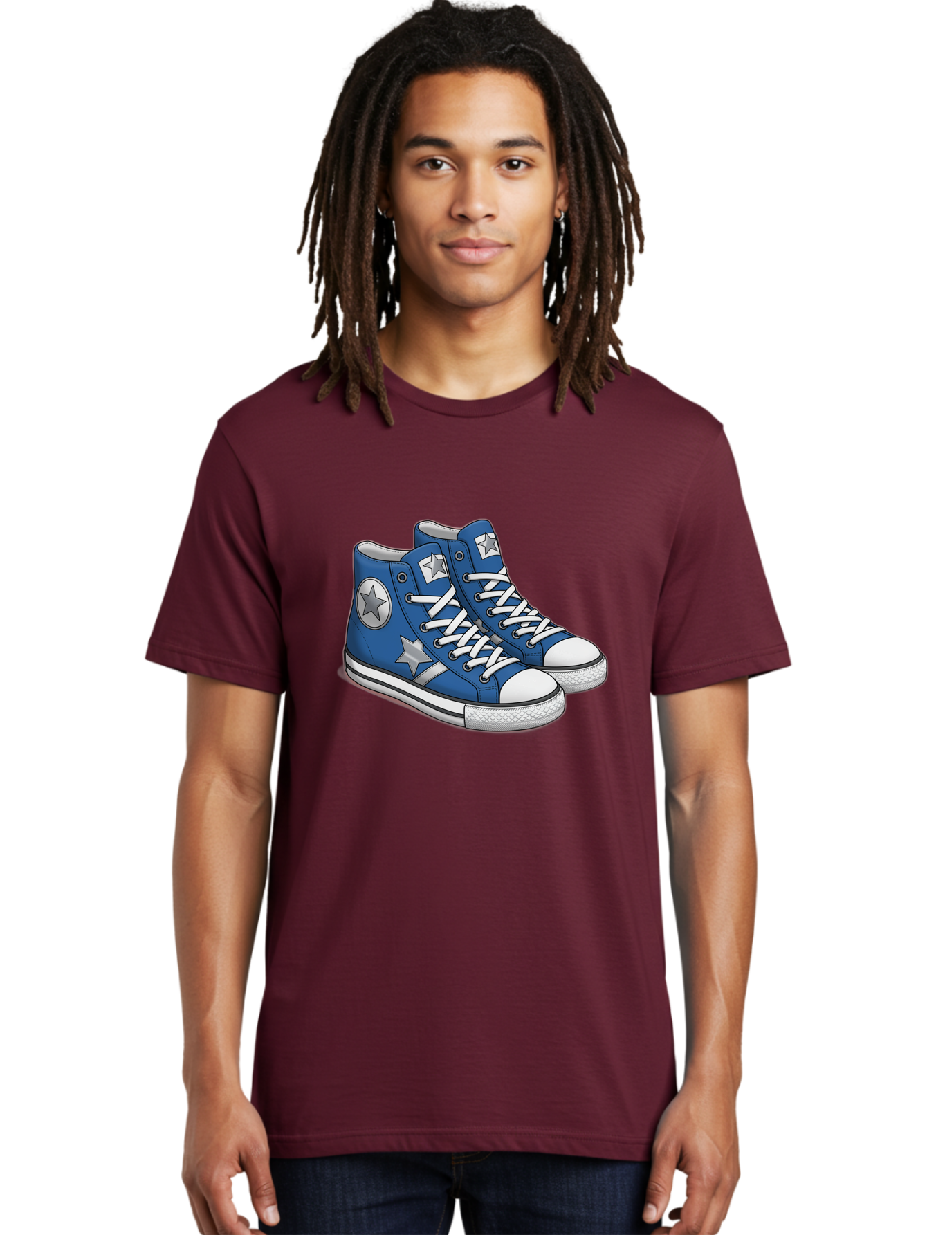Blue-Converse-Sneakers Men'S Graphic Tee, 100% Cotton, Comfortable Casual Summer Wear, Machine Washable, Blue Sneakers, Star Design, White Laces, Converse Style, Casual Footwear, Sneaker Fashion, Streetwear, Blue Shoes, Star Pattern Baa171