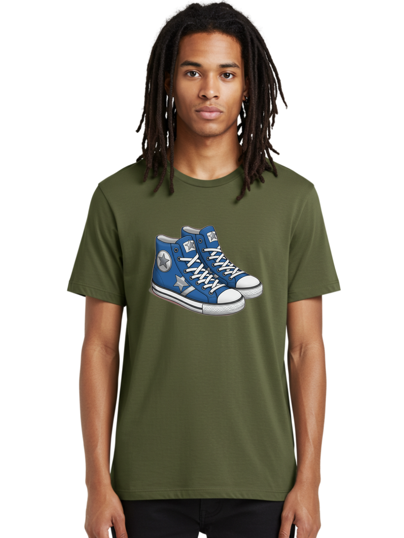 Blue-Converse-Sneakers Men'S Graphic Tee, 100% Cotton, Comfortable Casual Summer Wear, Machine Washable, Blue Sneakers, Star Design, White Laces, Converse Style, Casual Footwear, Sneaker Fashion, Streetwear, Blue Shoes, Star Pattern Baa171