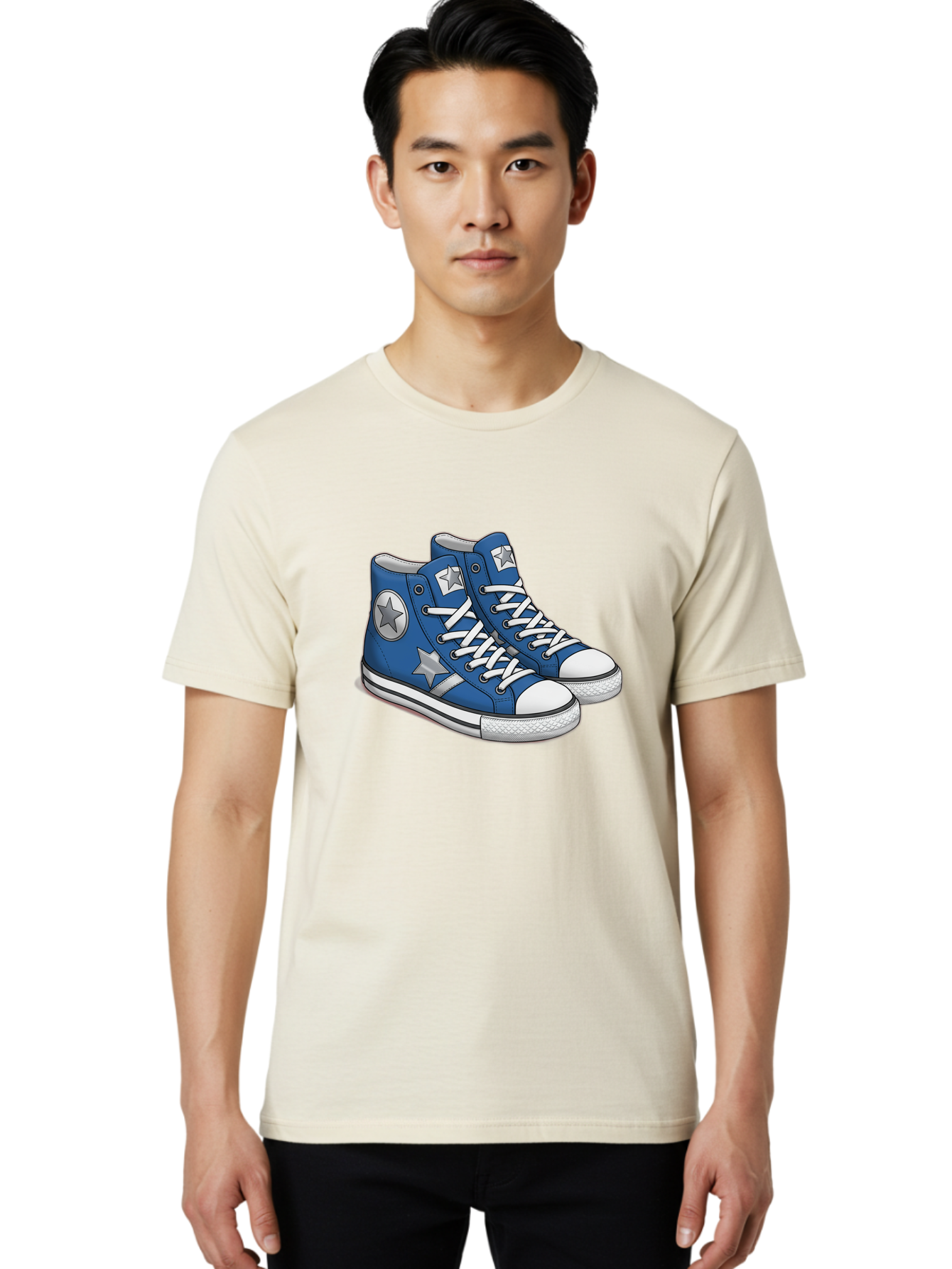 Blue-Converse-Sneakers Men'S Graphic Tee, 100% Cotton, Comfortable Casual Summer Wear, Machine Washable, Blue Sneakers, Star Design, White Laces, Converse Style, Casual Footwear, Sneaker Fashion, Streetwear, Blue Shoes, Star Pattern Baa171