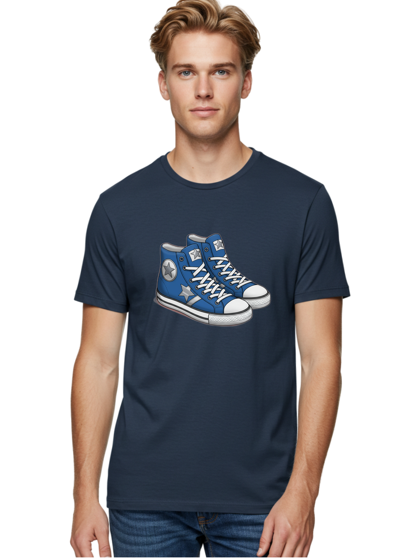 Blue-Converse-Sneakers Men'S Graphic Tee, 100% Cotton, Comfortable Casual Summer Wear, Machine Washable, Blue Sneakers, Star Design, White Laces, Converse Style, Casual Footwear, Sneaker Fashion, Streetwear, Blue Shoes, Star Pattern Baa171