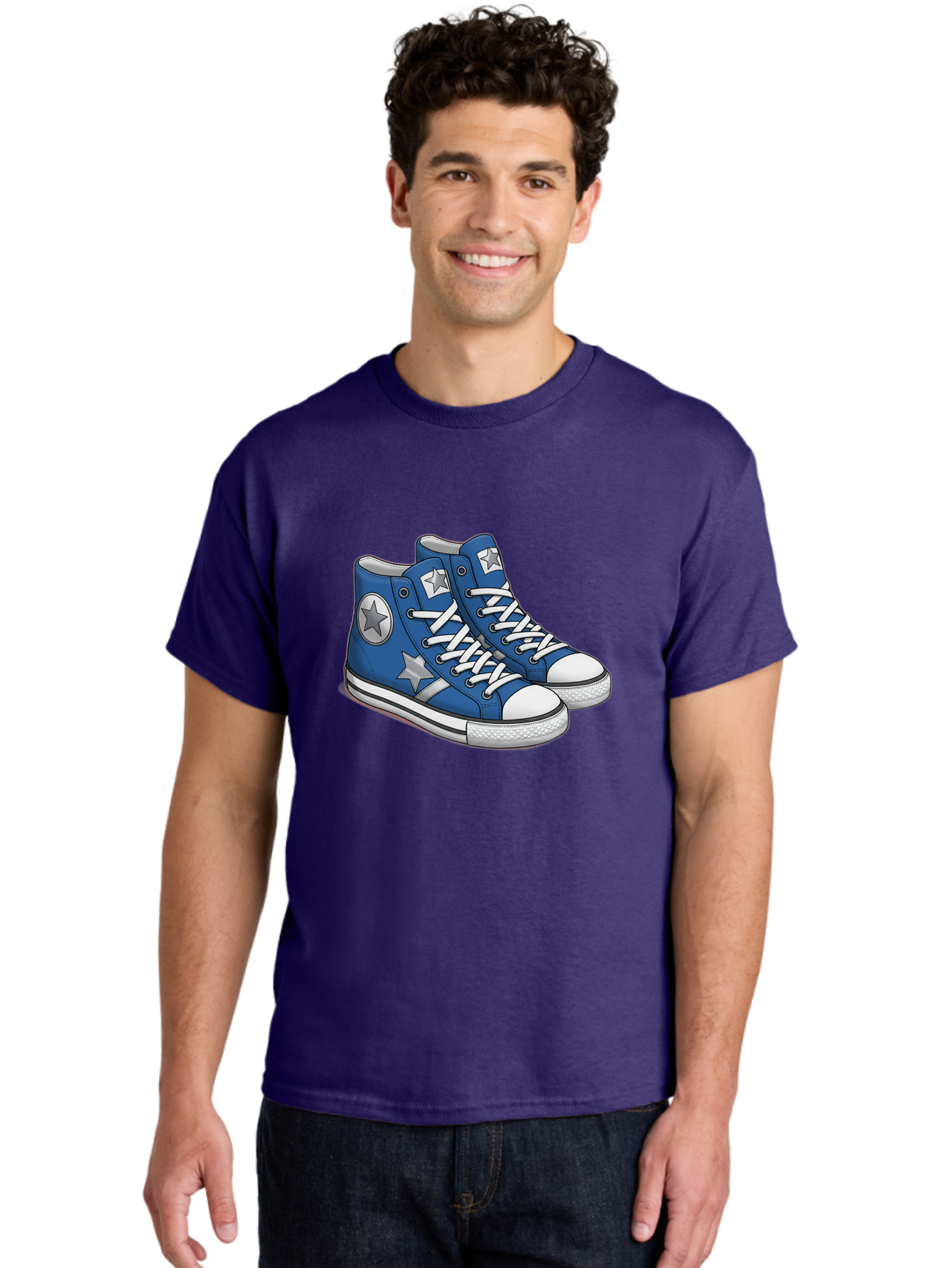 Blue-Converse-Sneakers Men'S Graphic Tee, 100% Cotton, Comfortable Casual Summer Wear, Machine Washable, Blue Sneakers, Star Design, White Laces, Converse Style, Casual Footwear, Sneaker Fashion, Streetwear, Blue Shoes, Star Pattern Baa171