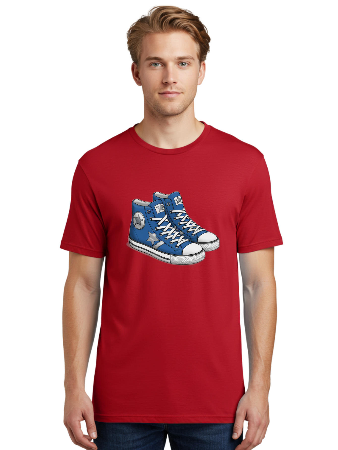 Blue-Converse-Sneakers Men'S Graphic Tee, 100% Cotton, Comfortable Casual Summer Wear, Machine Washable, Blue Sneakers, Star Design, White Laces, Converse Style, Casual Footwear, Sneaker Fashion, Streetwear, Blue Shoes, Star Pattern Baa171