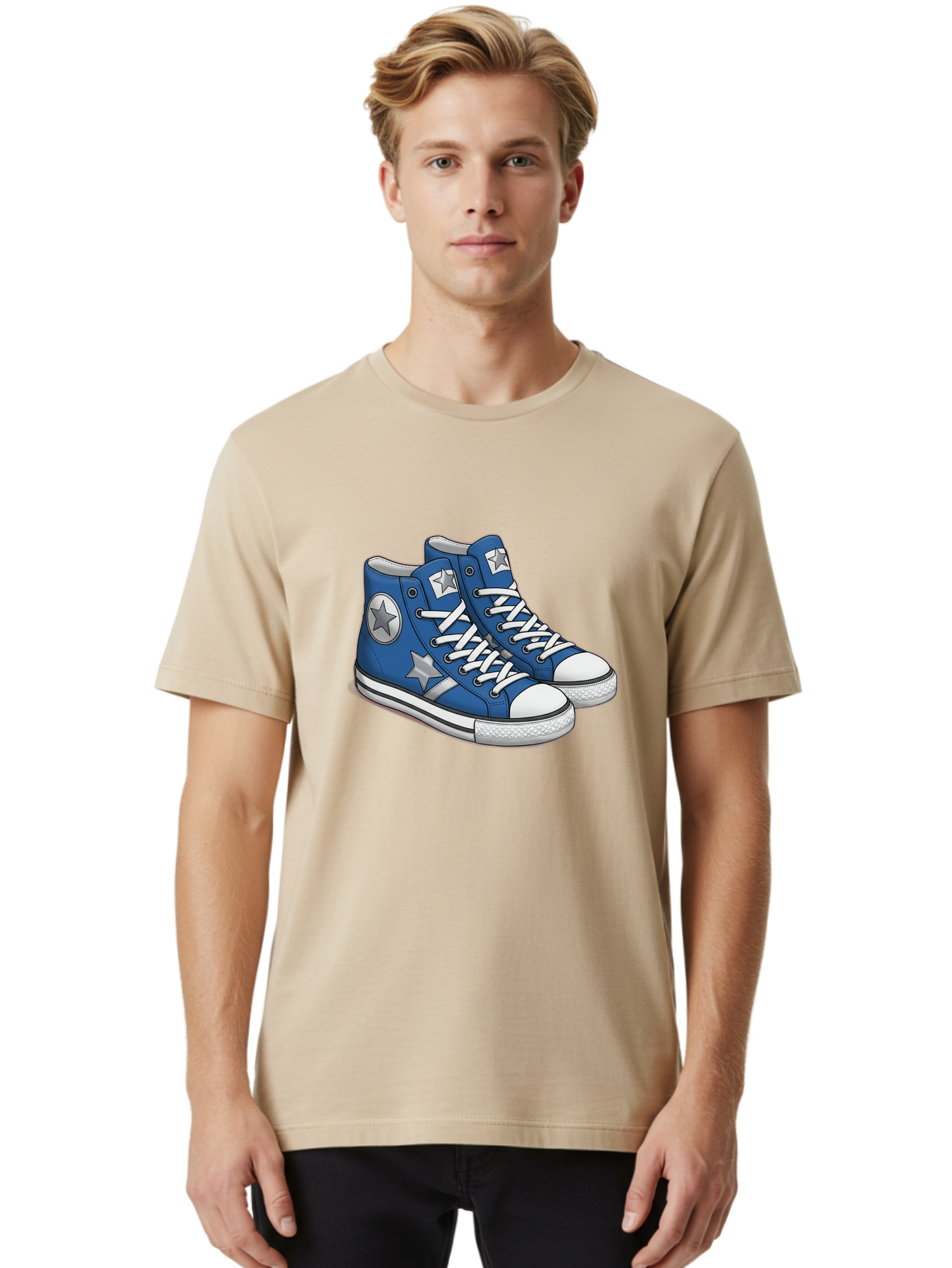 Blue-Converse-Sneakers Men'S Graphic Tee, 100% Cotton, Comfortable Casual Summer Wear, Machine Washable, Blue Sneakers, Star Design, White Laces, Converse Style, Casual Footwear, Sneaker Fashion, Streetwear, Blue Shoes, Star Pattern Baa171