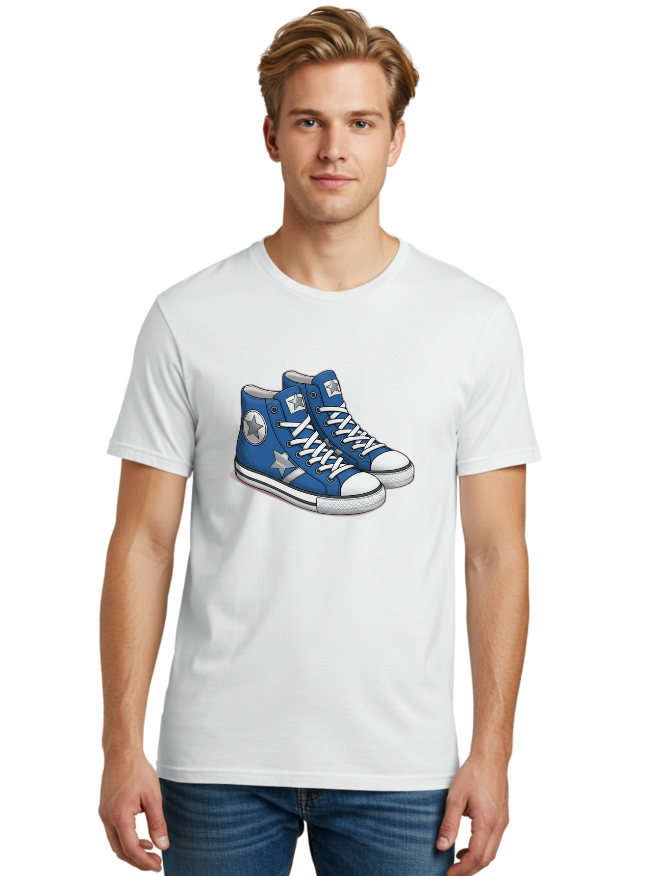 Blue-Converse-Sneakers Men'S Graphic Tee, 100% Cotton, Comfortable Casual Summer Wear, Machine Washable, Blue Sneakers, Star Design, White Laces, Converse Style, Casual Footwear, Sneaker Fashion, Streetwear, Blue Shoes, Star Pattern Baa171